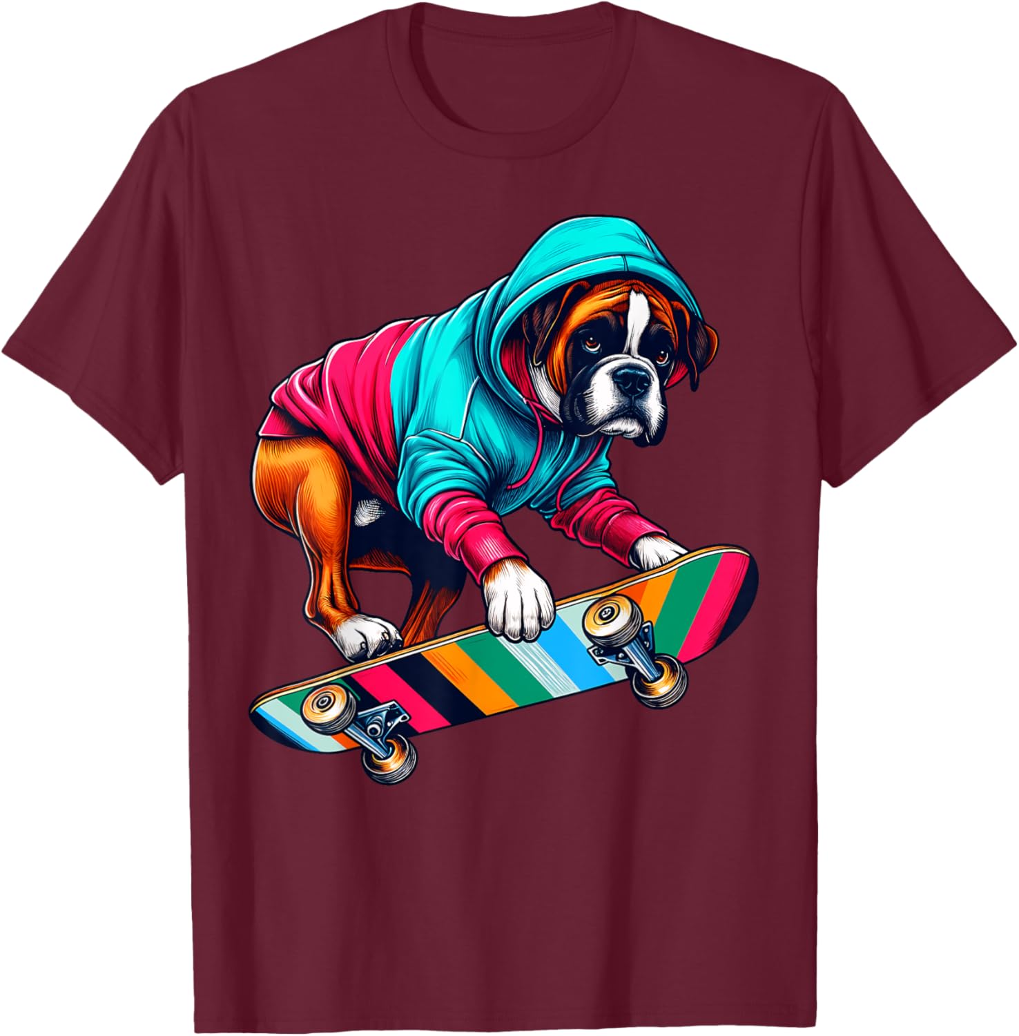 Cool Boxer Dog Skateboarding Illustration Art T-Shirt - T-Shirt | Maroon