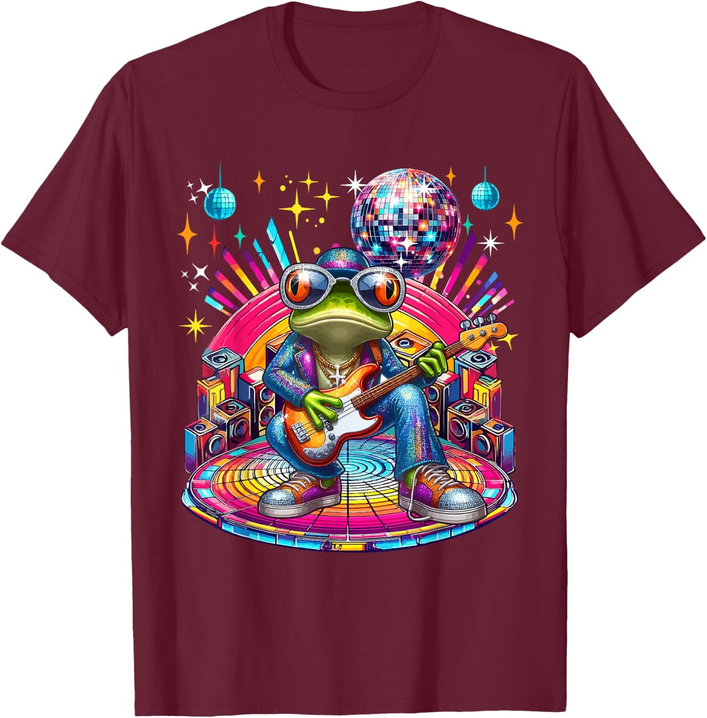 Frog Sunglasses Playing Guitar Colorful Costume Disco T-Shirt - T-Shirt | Maroon