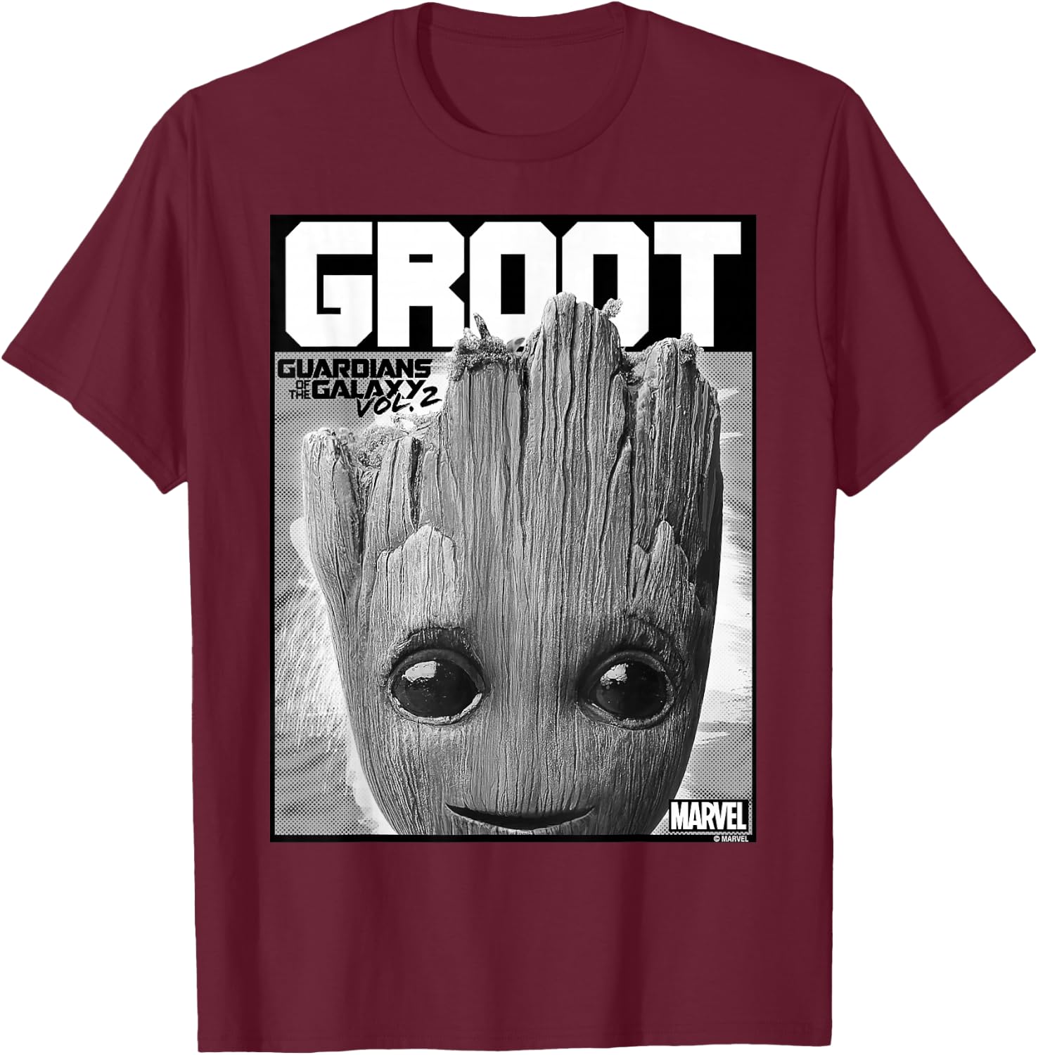 Marvel Guardians of The Galaxy Vol 2 Big Face Groot Poster T-Shirt - T-Shirt | Maroon
