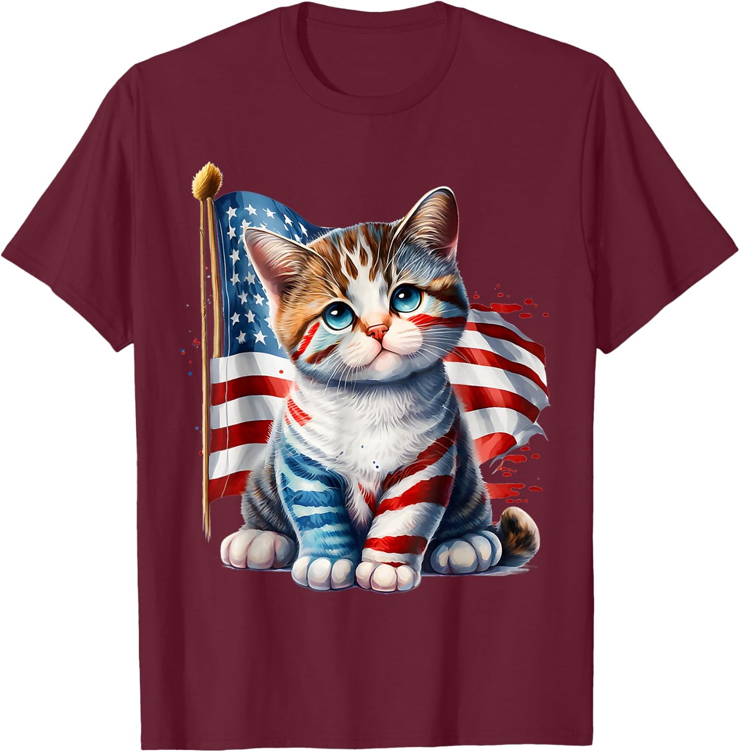 4th of July Kitty Cat American Flag America USA Cats Lover T-Shirt - T-Shirt | Maroon