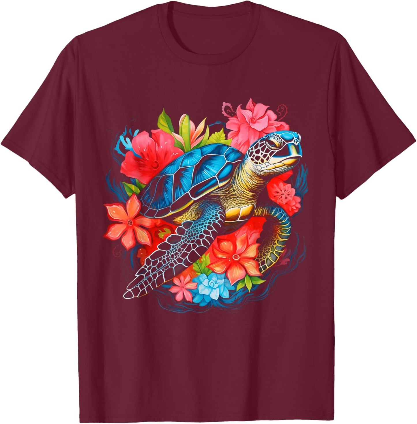 Sea Turtle Hawaiian Flowers Hawaii Scuba Diving Diver T-Shirt - T-Shirt | Maroon