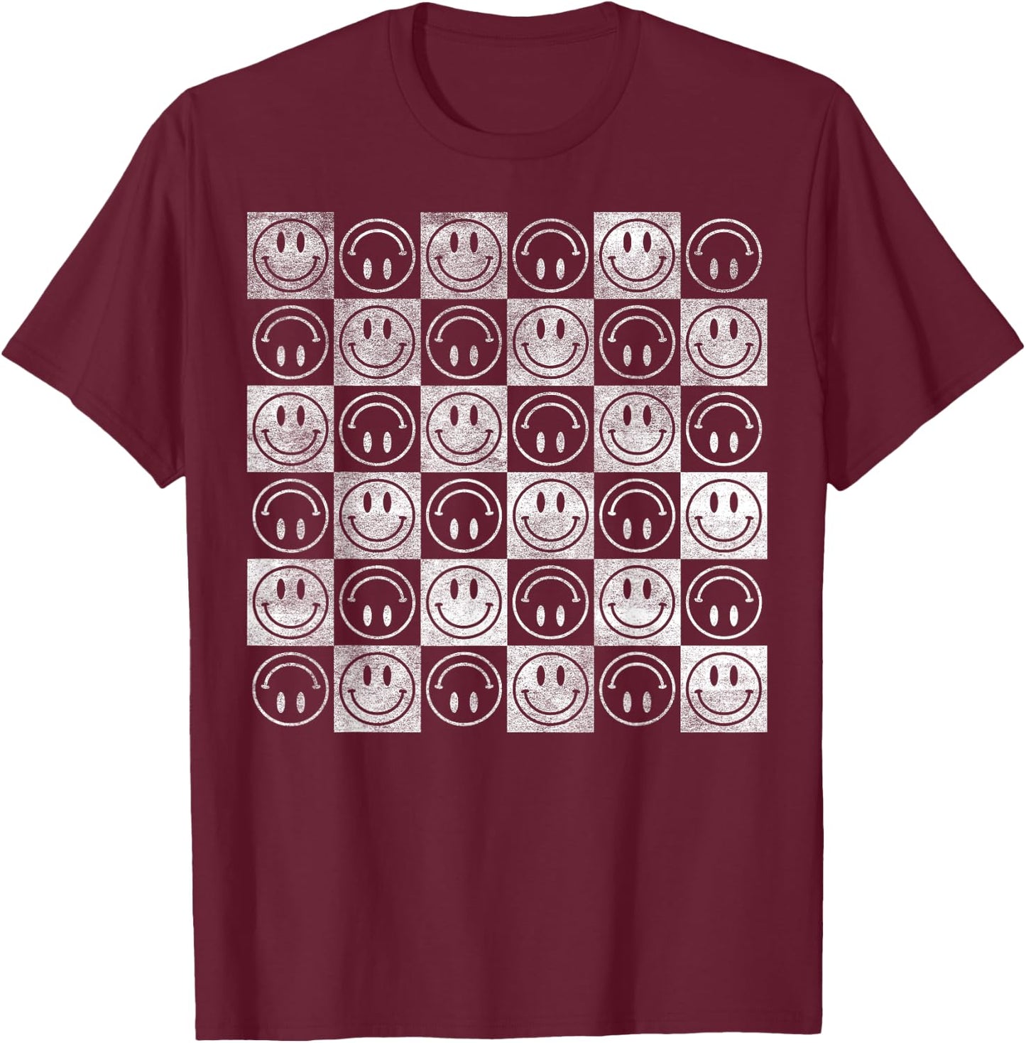 Happy Face Checkerboard Pattern Minimal – Checkered Smile T-Shirt - T-Shirt | Maroon