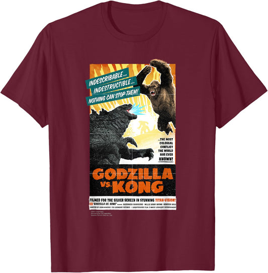Monsterverse Godzilla vs Kong - Titan-Vision Retro Poster Adults Kids Black Short Sleeve T-Shirt - T-Shirt | Maroon