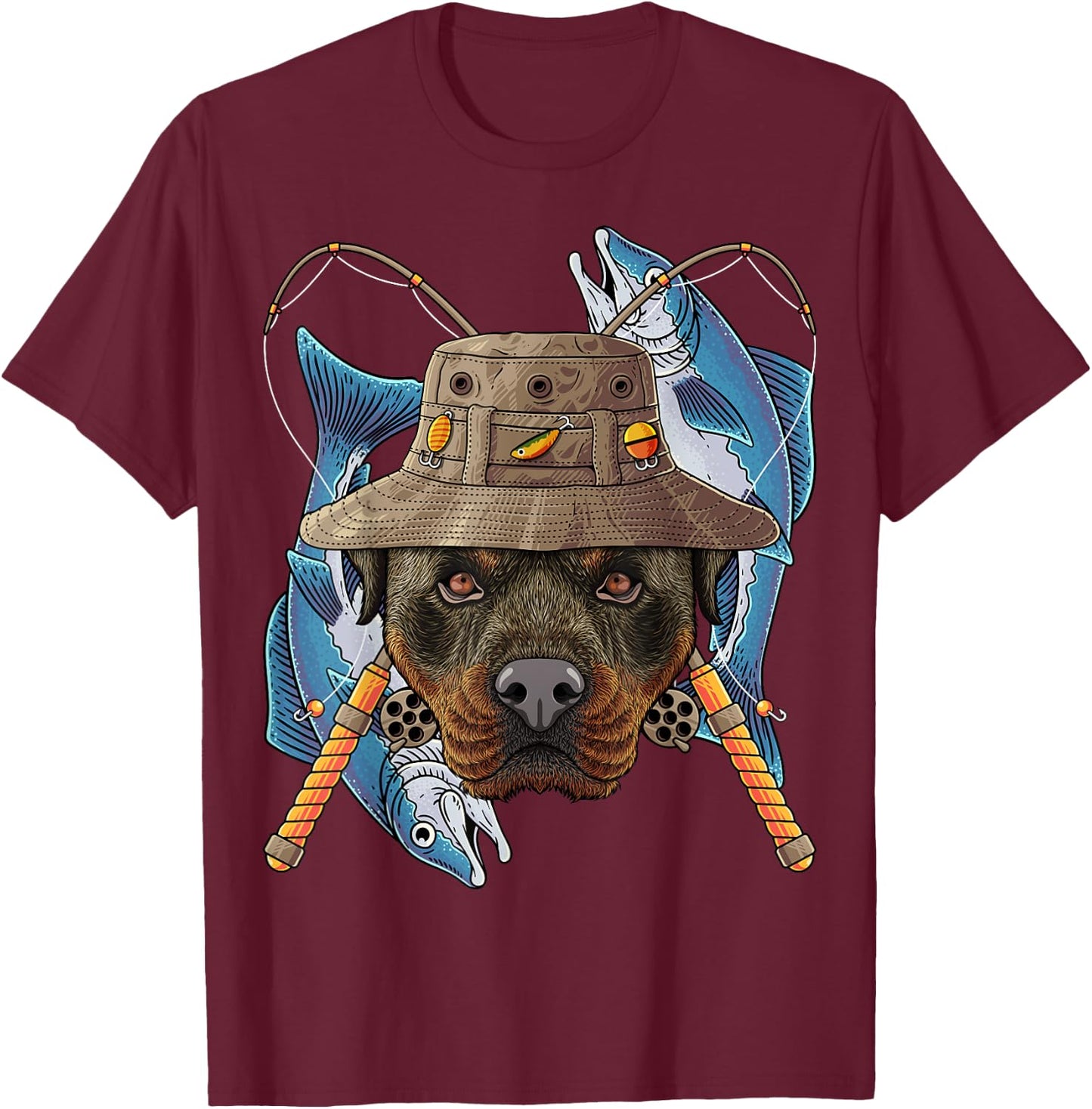 Fishing Rottweiler Outdoor Fisherman Dog Cute Fly Fishing T-Shirt - T-Shirt | Maroon