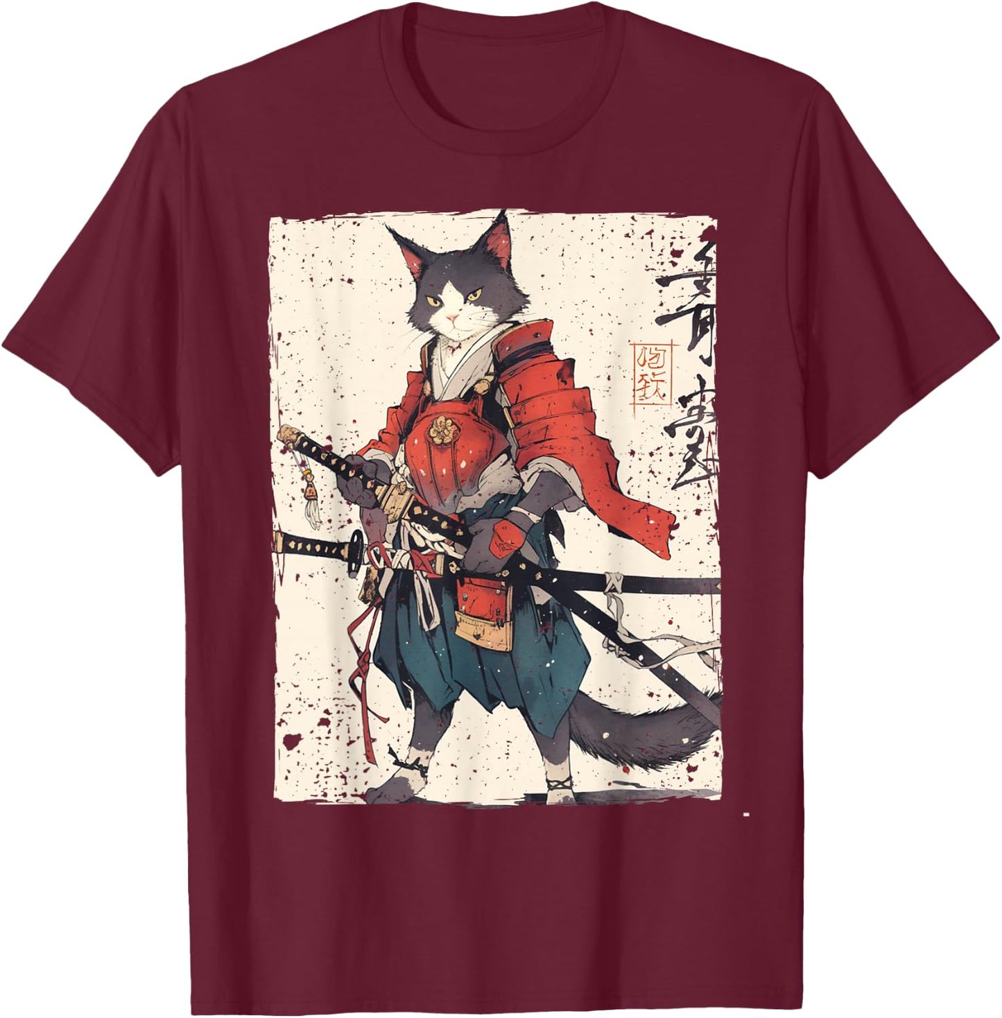 Samurai Cat Warrior Ukiyo Ink Artwork Cat Samurai Women Girls Kids T-Shirt - T-Shirt | Maroon