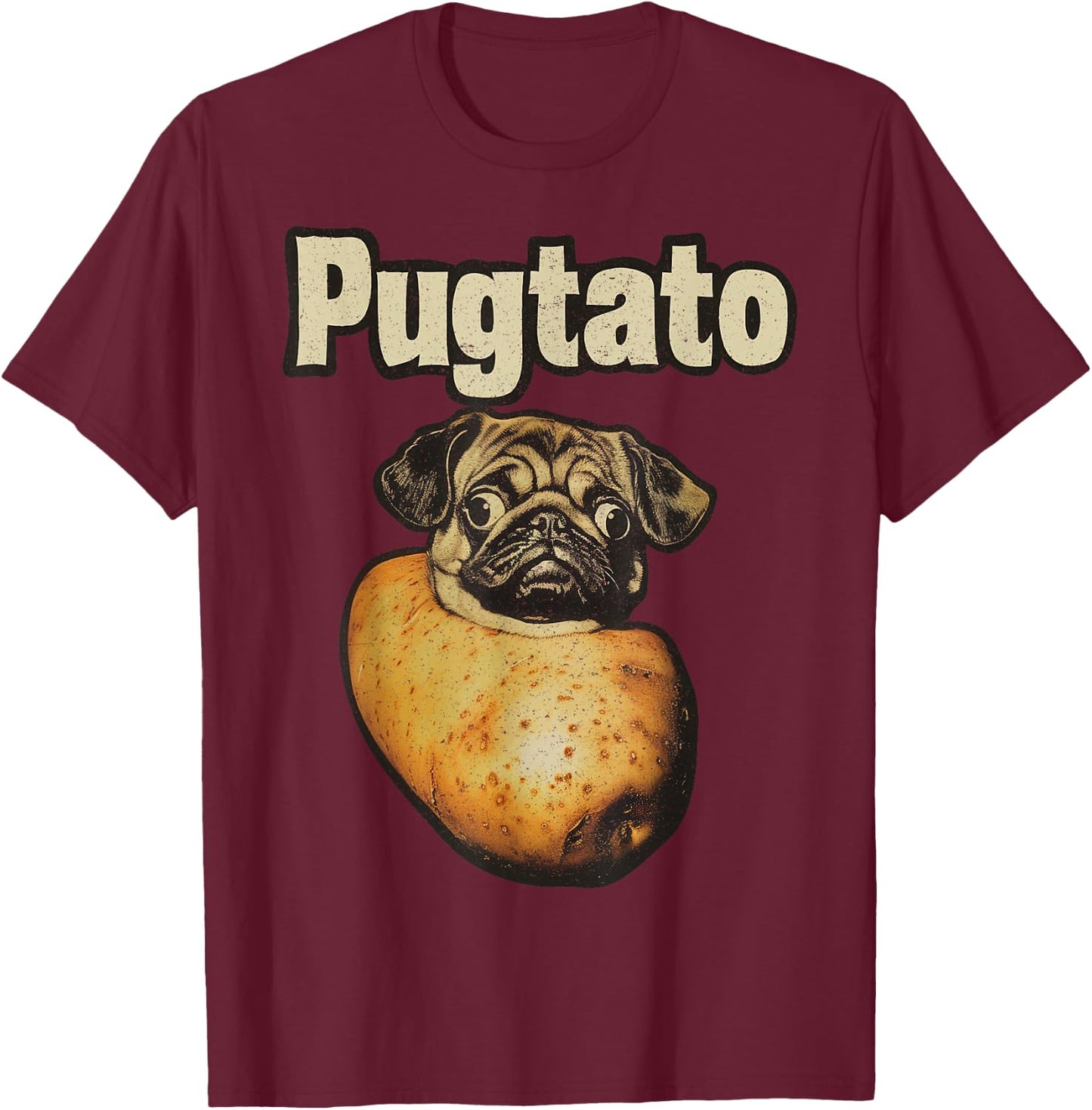 Pugtato Potato Pug Retro – Pun Funny Dog T-Shirt - T-Shirt | Maroon