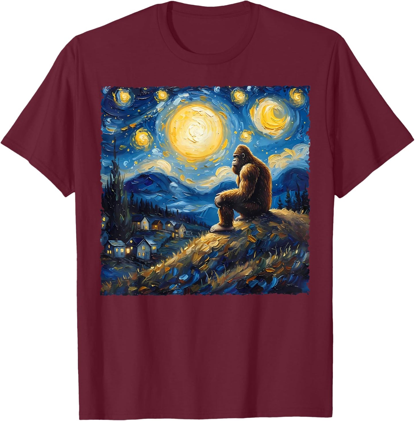 Van Gogh Style Funny Bigfoot Lover Starry Night Painting T-Shirt - T-Shirt | Maroon