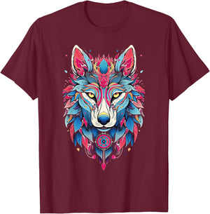 Native American Boho Wolf Splash Art Animal Face Wolf T-Shirt - T-Shirt | Maroon