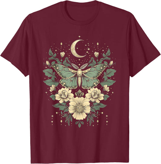 goblincore Moth and Butterfly moonphases Flowers cottagecore T-Shirt - T-Shirt | Maroon