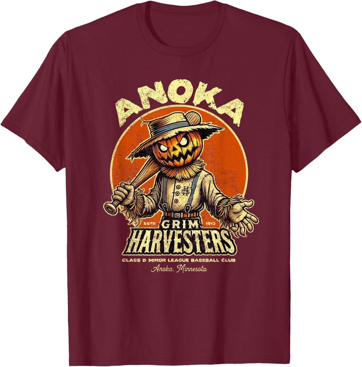 Halloween Anoka MN Grim Harvesters Minor League Baseball T-Shirt - T-Shirt | Maroon