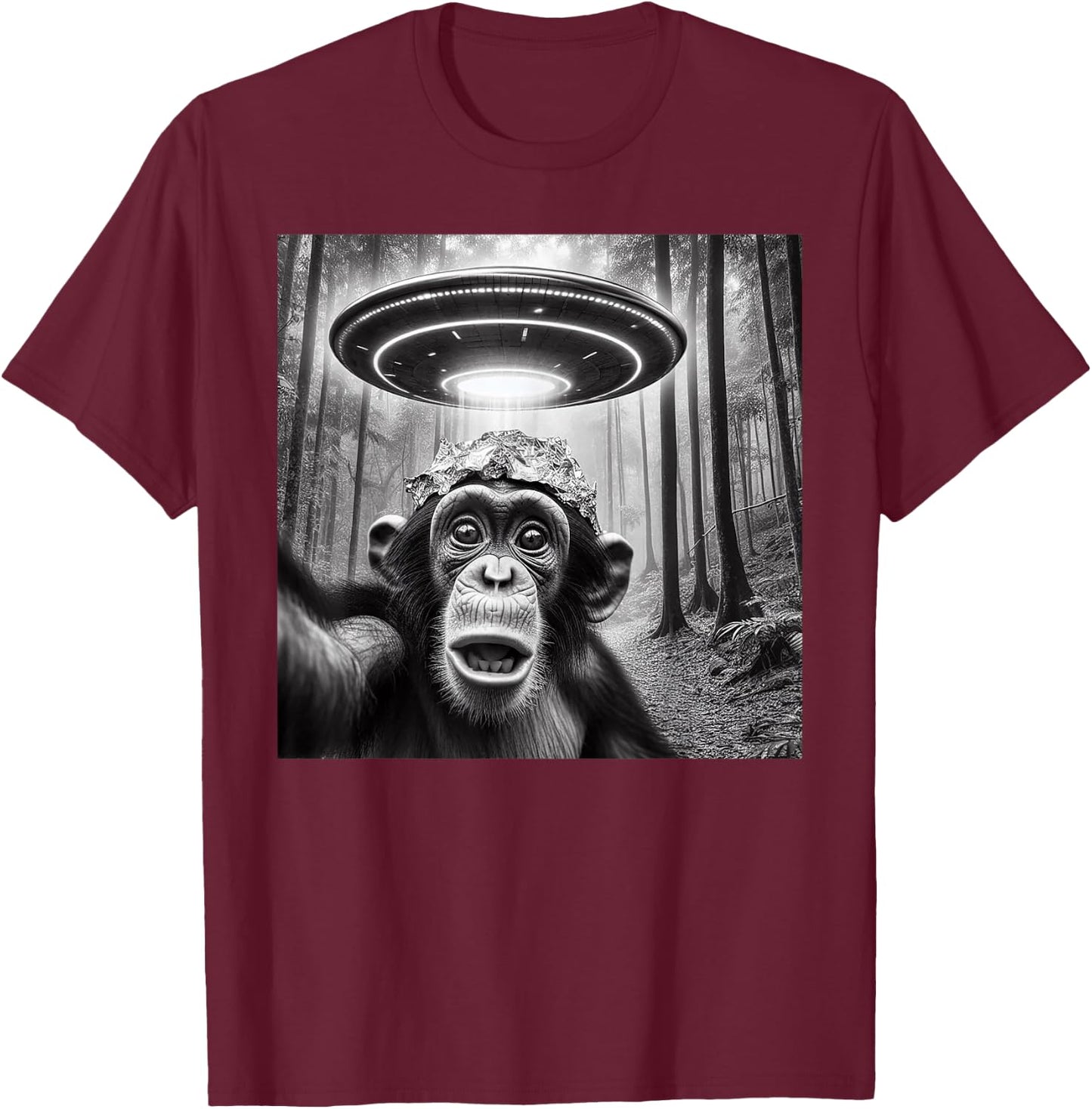 Funny Alien Abduction Meme UFO Monkey Encounter Ape Selfie T-Shirt - T-Shirt | Maroon