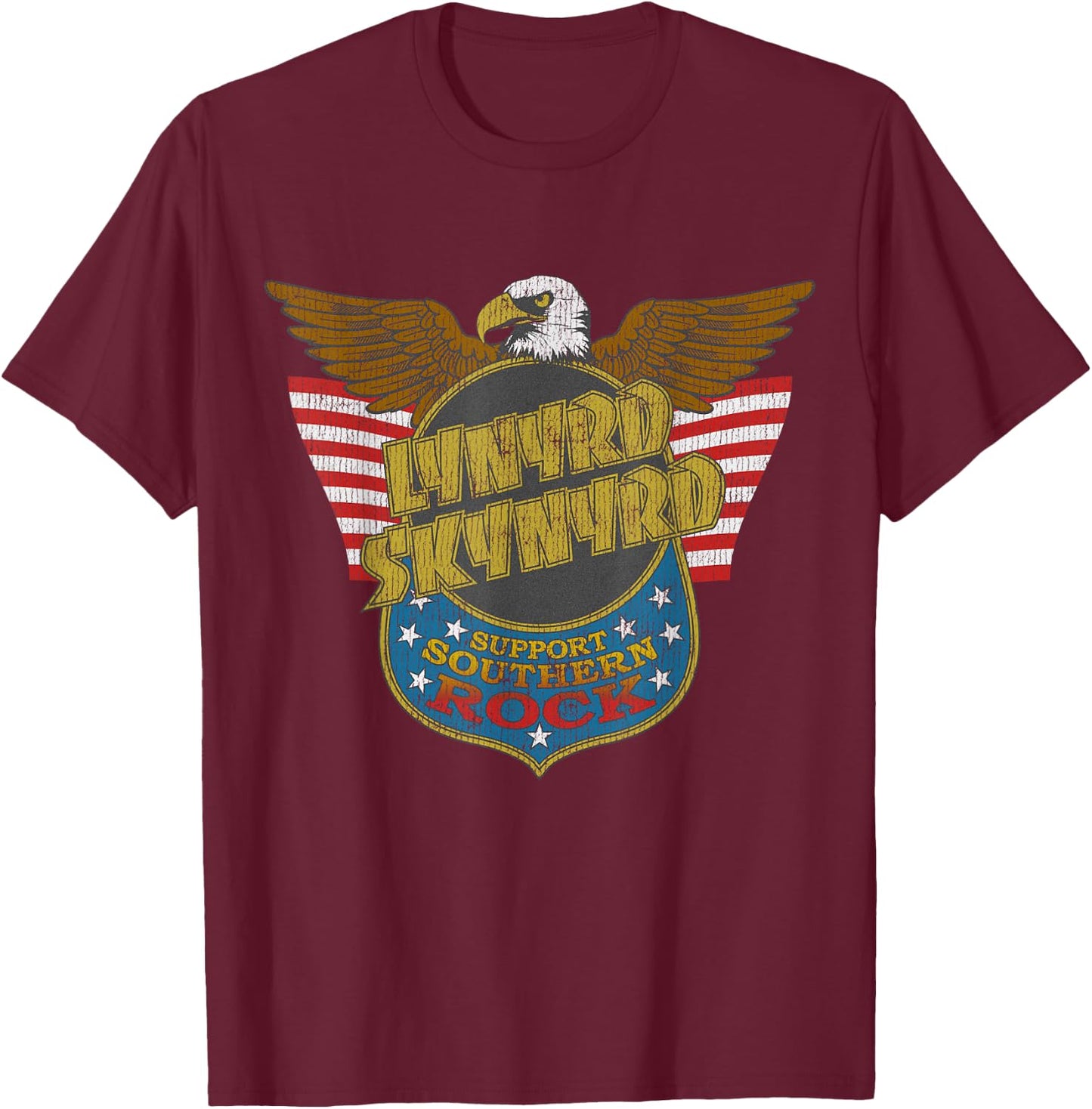 Lynyrd Skynyrd Eagle Support Badge US Flag 70s Southern Rock T-Shirt - T-Shirt | Maroon