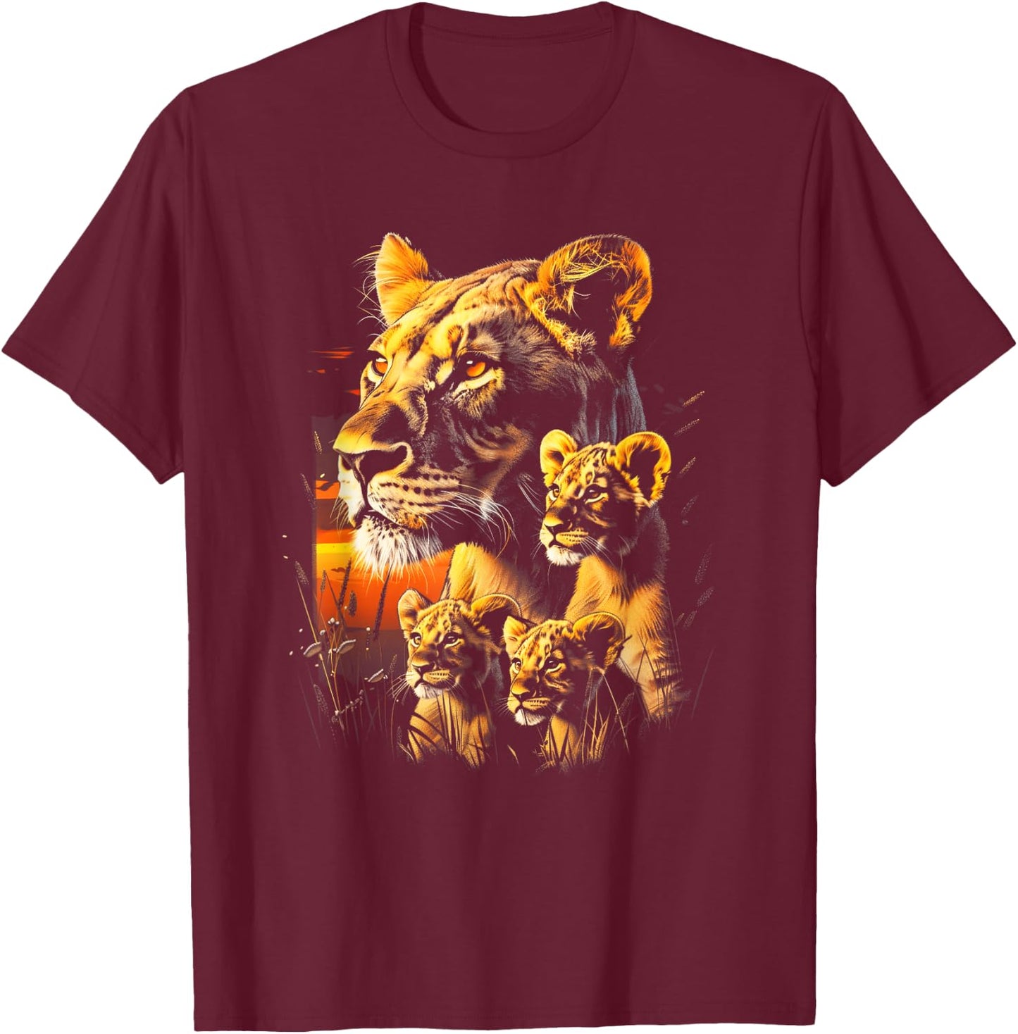 Lioness Cubs African Sunset Lion family Lion cubs T-Shirt - T-Shirt | Maroon