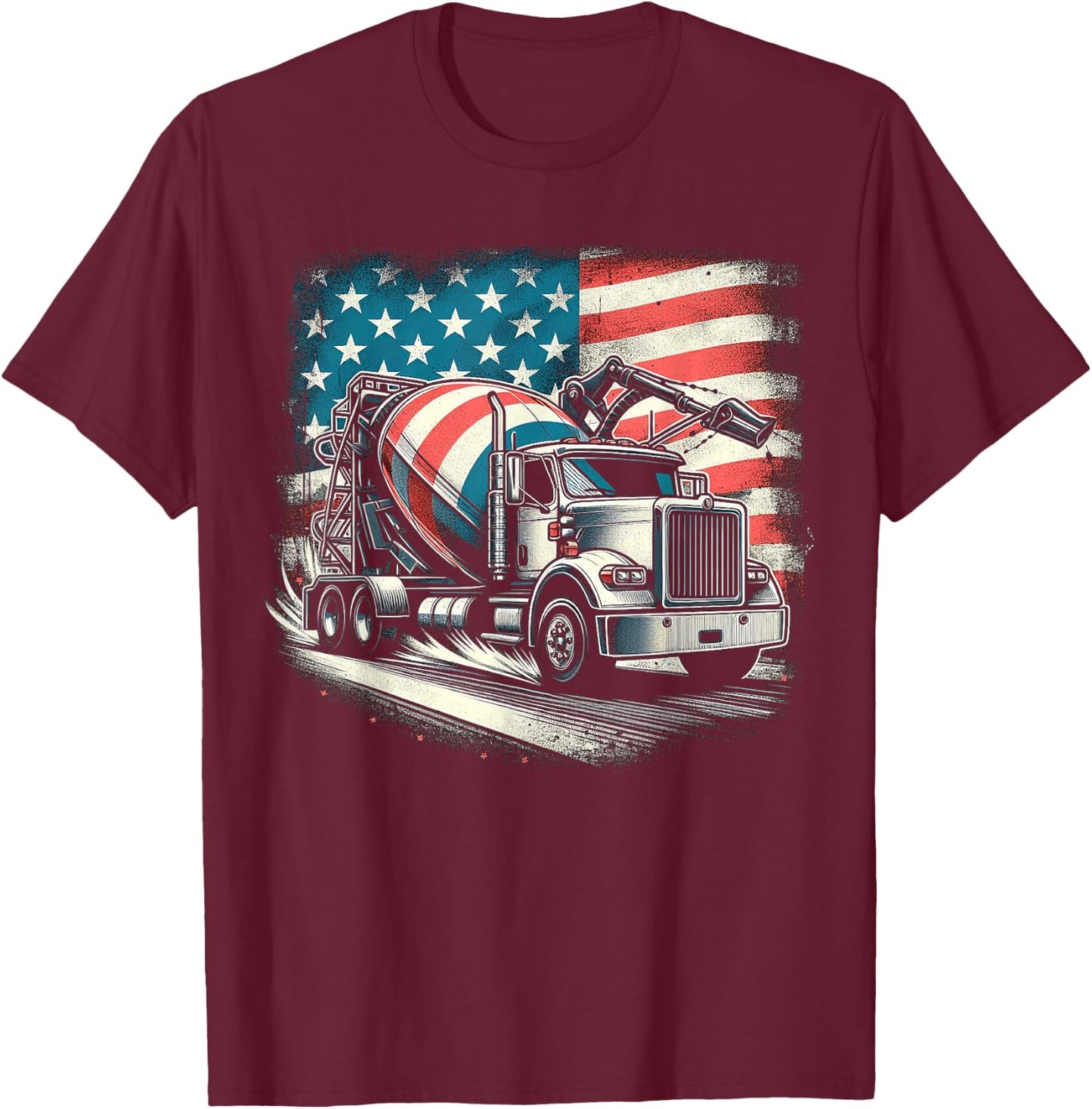 Cement Mixer Truck Construction America Flag T-Shirt - T-Shirt | Maroon