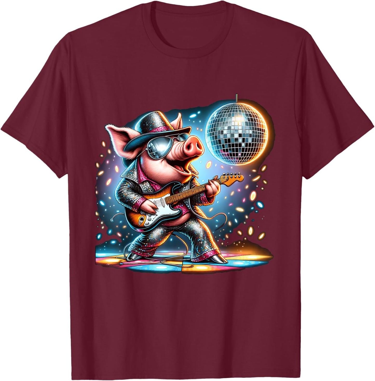 Disco Ball Guitar Pig T-Shirt - T-Shirt | Maroon