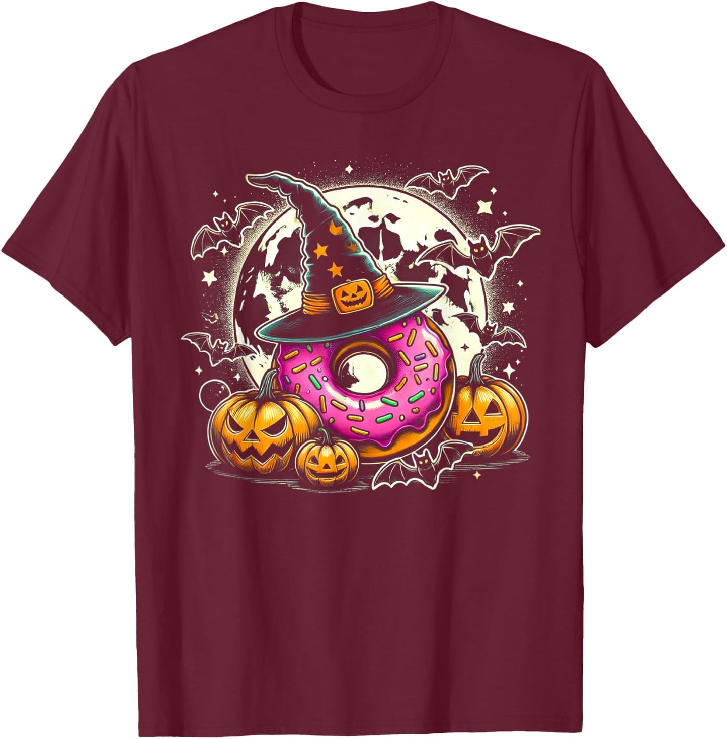 Donut Witch Halloween - Spooky Pumpkin Art T-Shirt - T-Shirt | Maroon