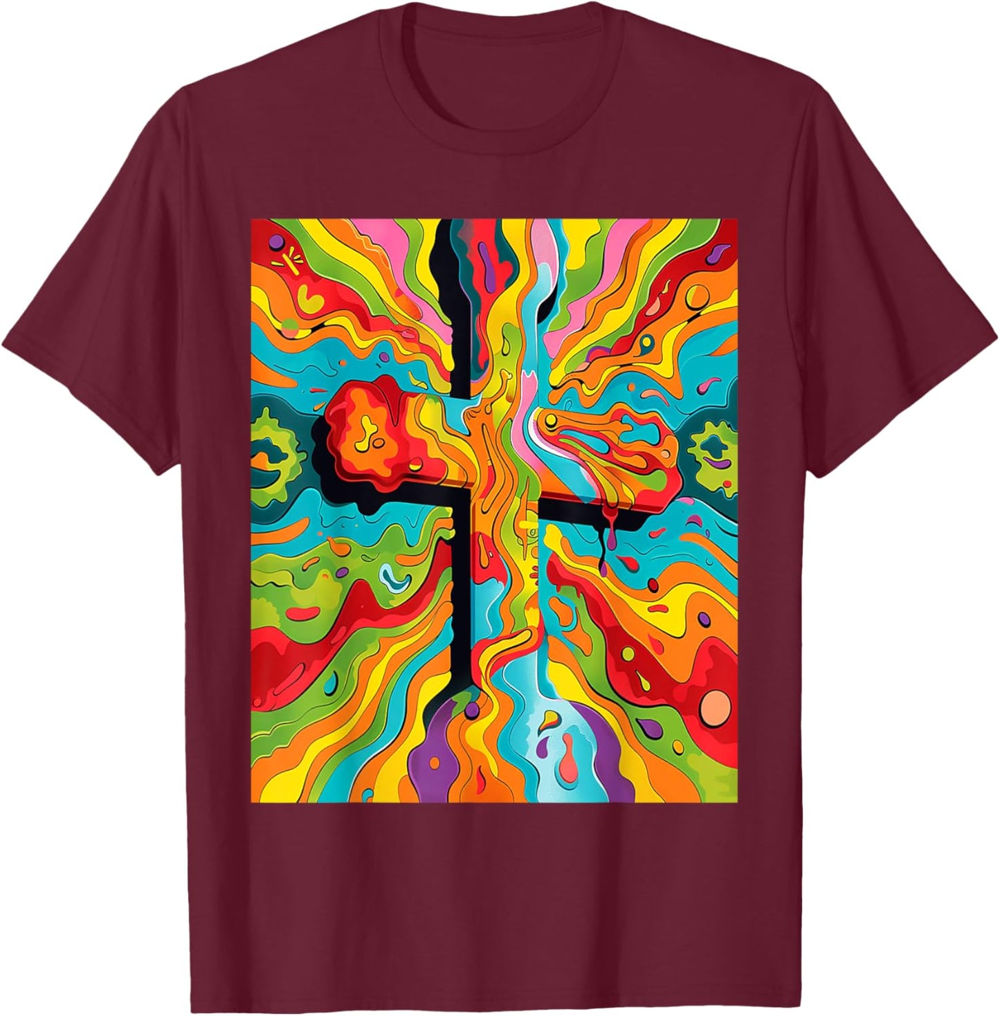 Colorful Vibrant Psychedelic Powerful Religious Cross Art T-Shirt - T-Shirt | Maroon