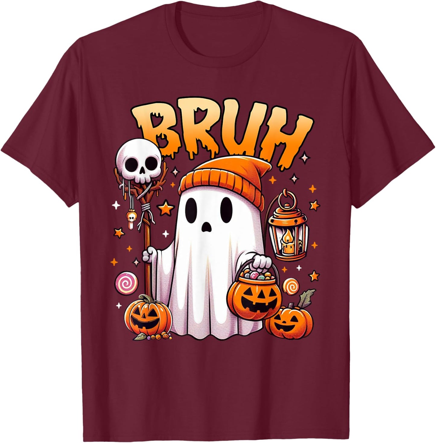Bruh Ghost Halloween Cute Ghost Trick Or Treat Candy Kids T-Shirt - T-Shirt | Maroon