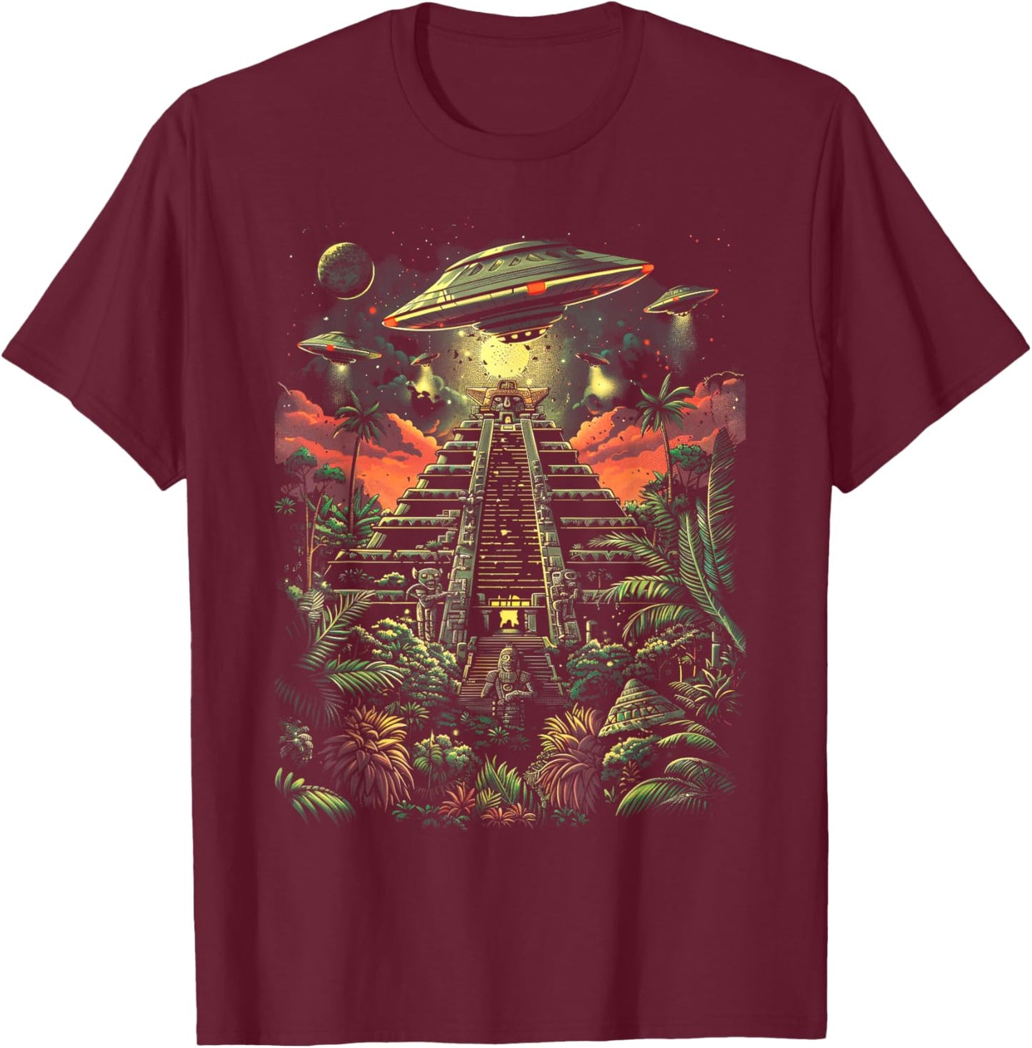 UFO Ancient Alien Pyramid South America Jungle T-Shirt - T-Shirt | Maroon