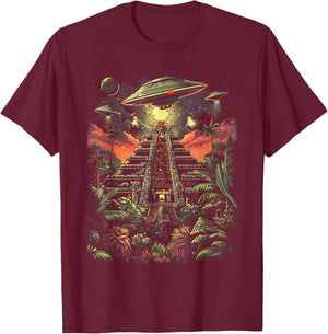 UFO Ancient Alien Pyramid South America Jungle T-Shirt - T-Shirt | Maroon
