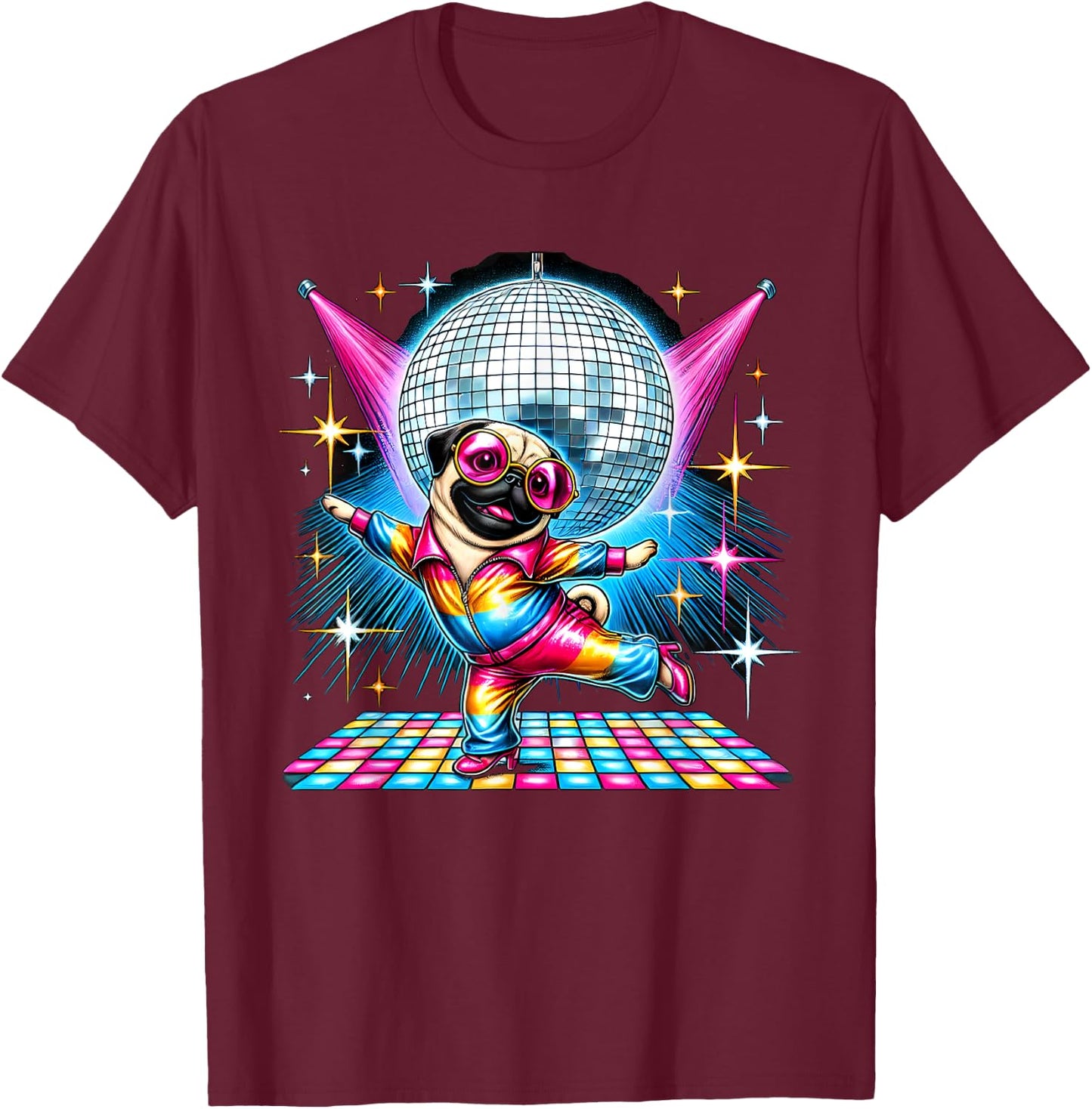 Aesthetic Pug Disco T-Shirt - T-Shirt | Maroon