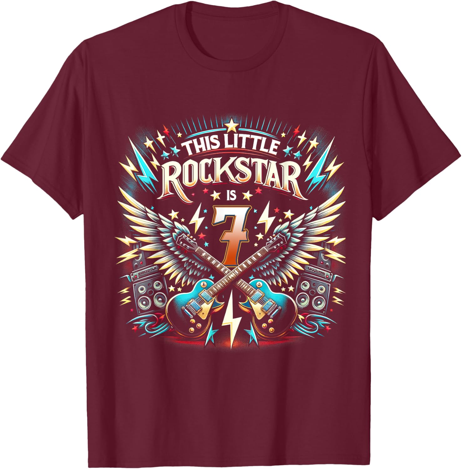 7th Birthday Rockstar Rock Music T-Shirt - T-Shirt | Maroon