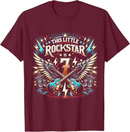 7th Birthday Rockstar Rock Music T-Shirt - T-Shirt | Maroon
