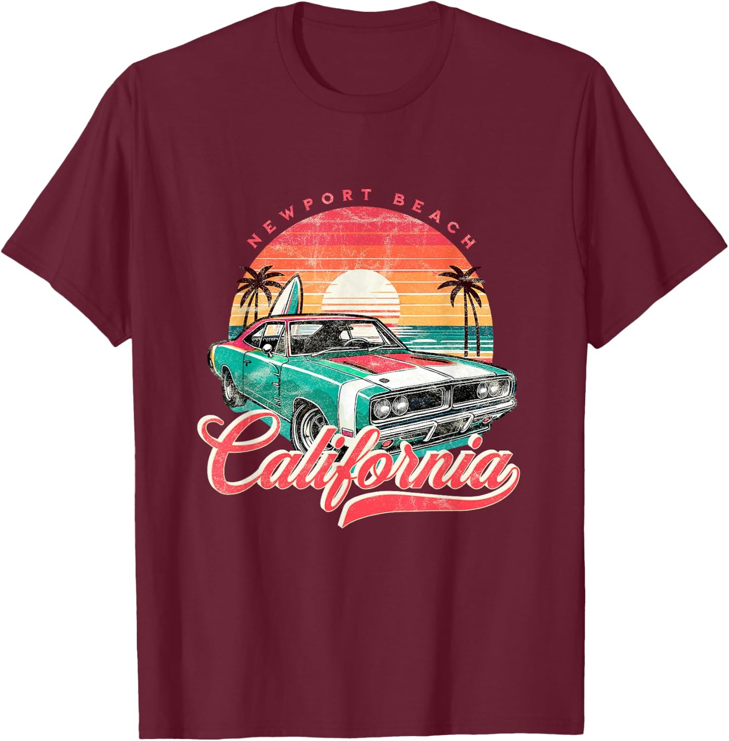 Classic Muscle Car Retro Newport Beach California Surfer Sun T-Shirt - T-Shirt | Maroon