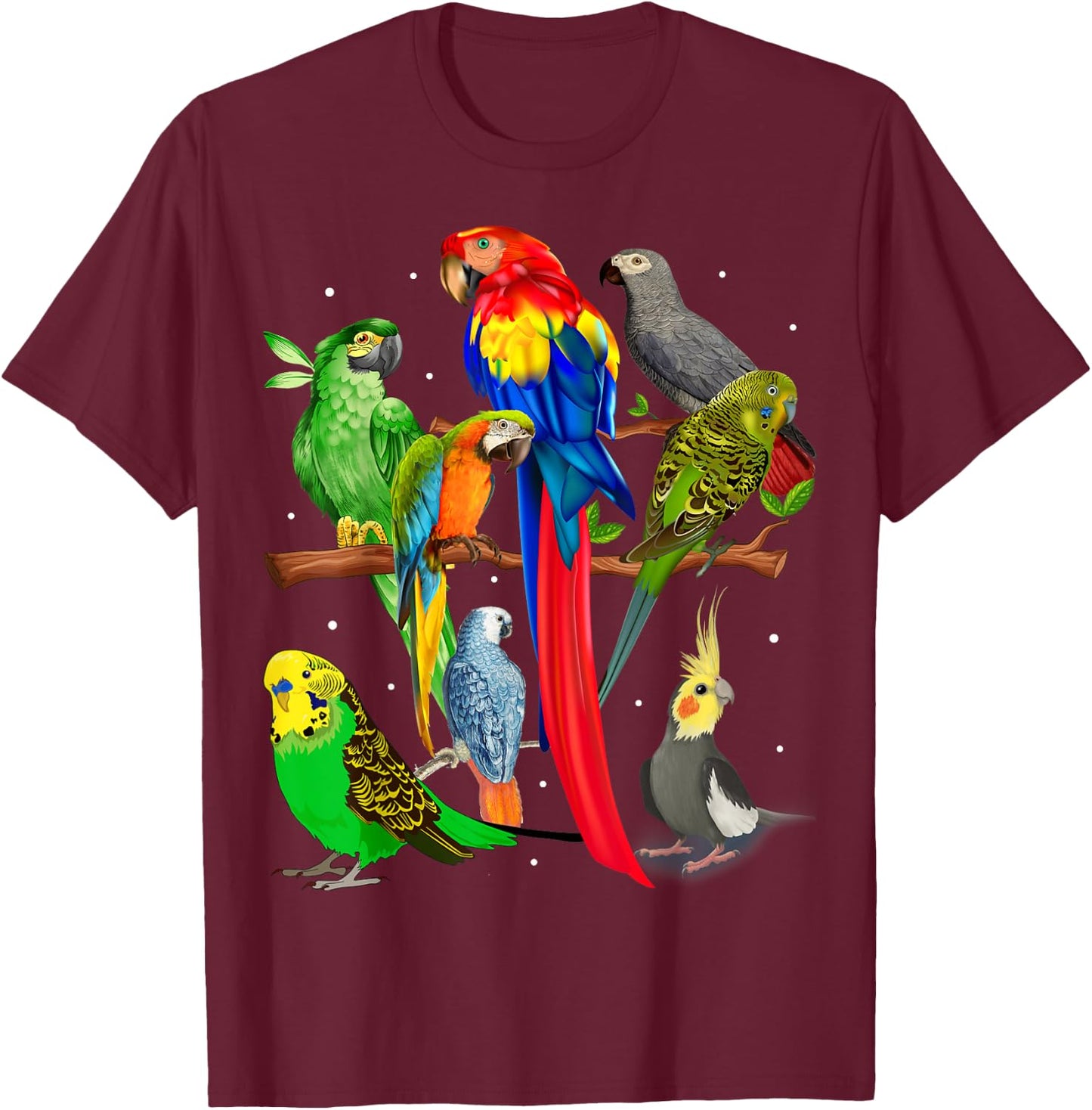 Macaw, Cockatoo, African Grey, Budgie - Parrot Flock T-Shirt - T-Shirt | Maroon