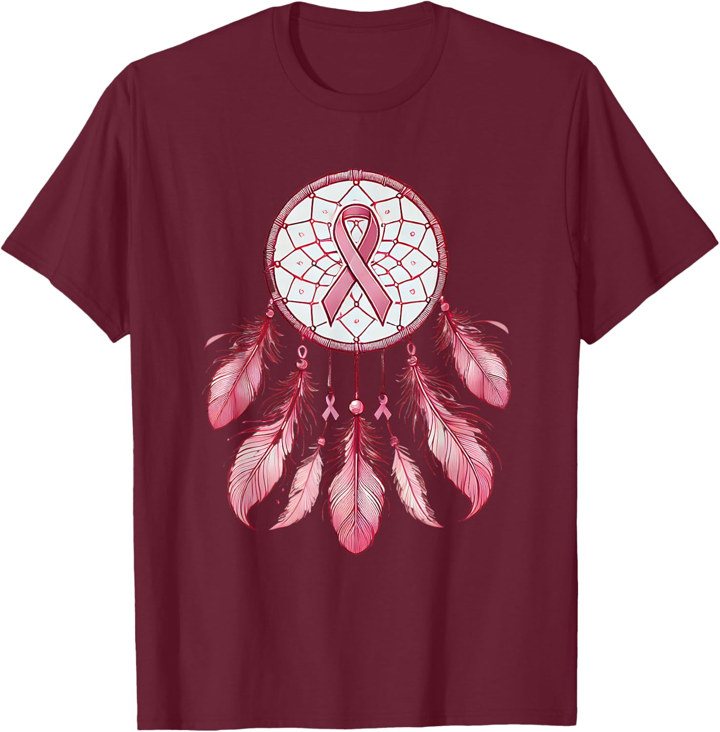Pink Ribbon Native Indian DreamCatcher Art Breast Cancer T-Shirt - T-Shirt | Maroon