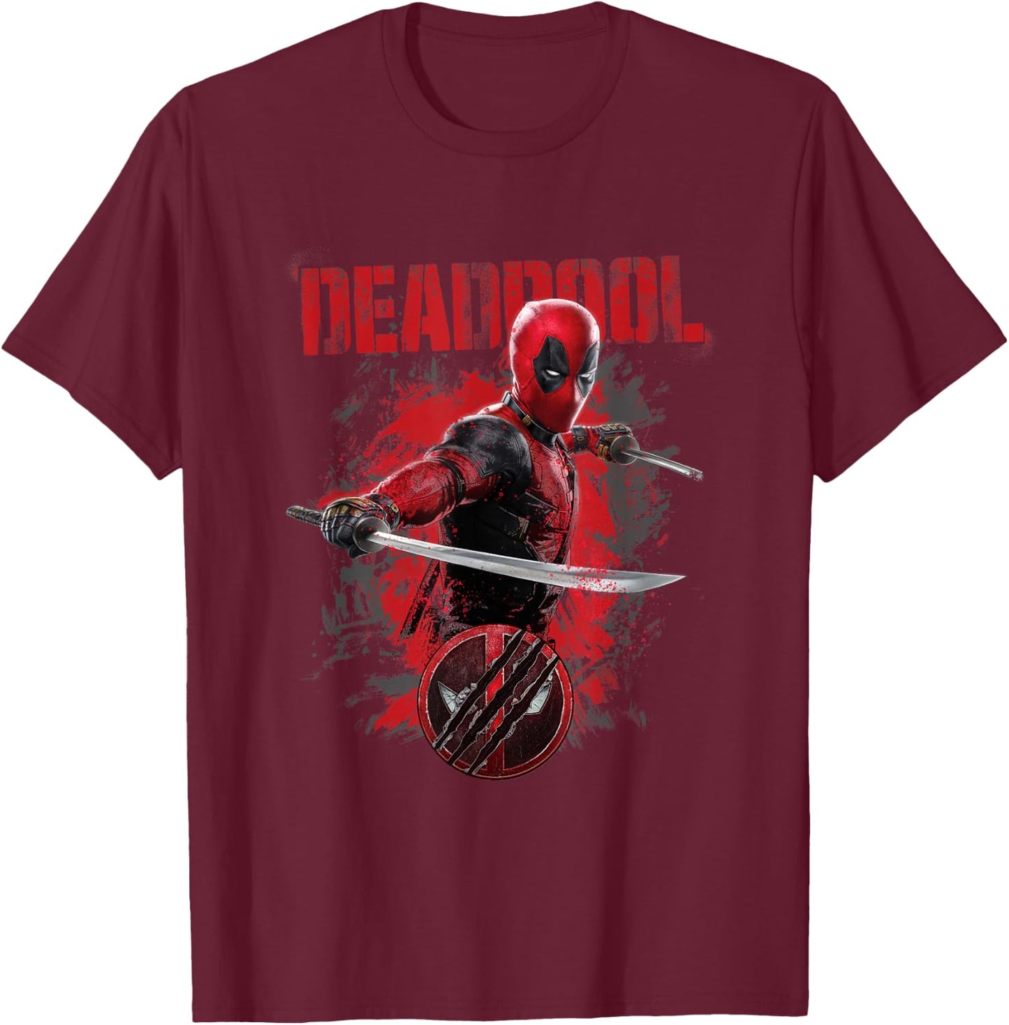 Marvel Deadpool & Wolverine Distressed Red Stamp Hero Logo T-Shirt - T-Shirt | Maroon