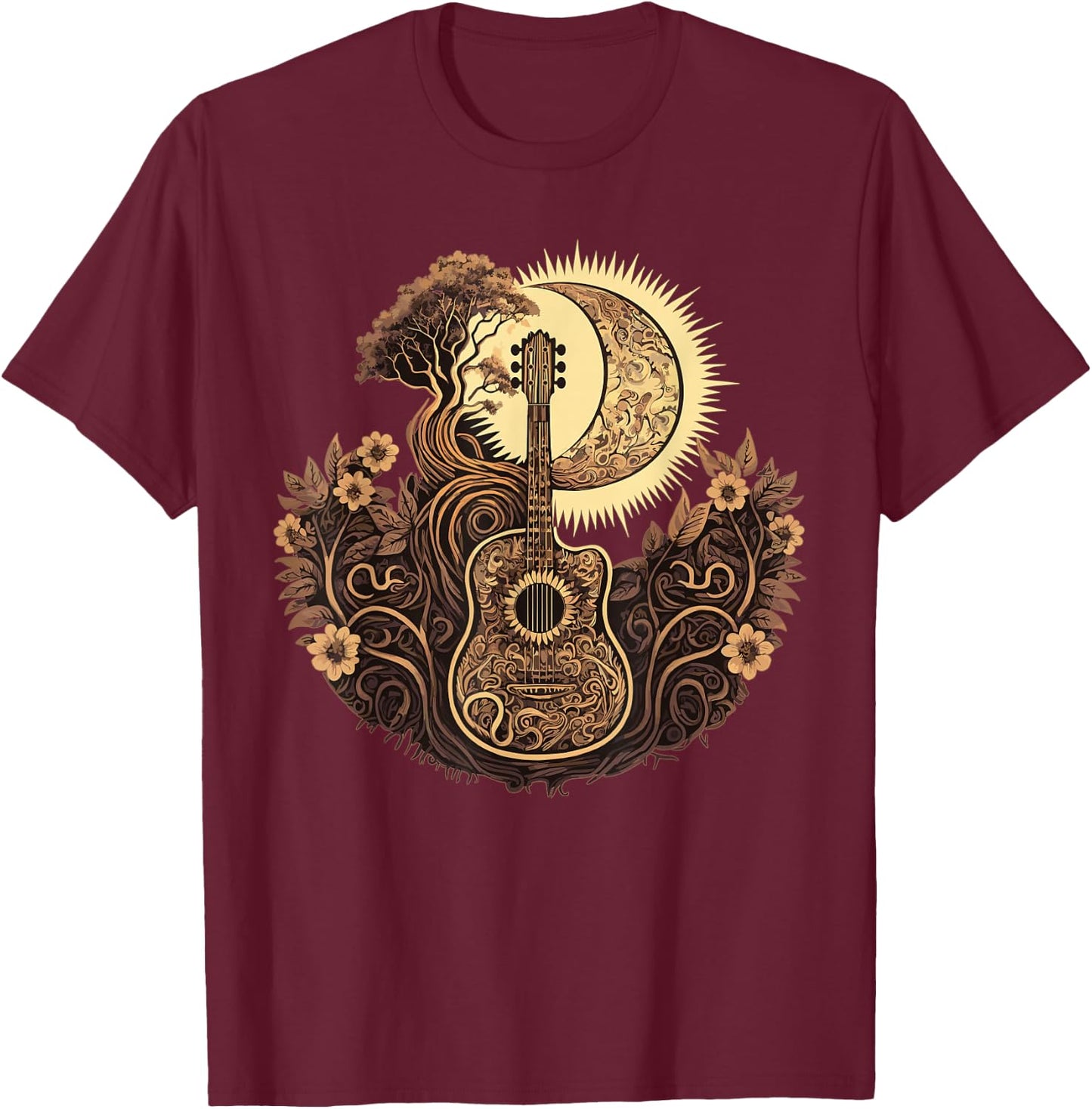 Acoustic Guitar Tree With Moon Guitarist T-Shirt - T-Shirt | Maroon