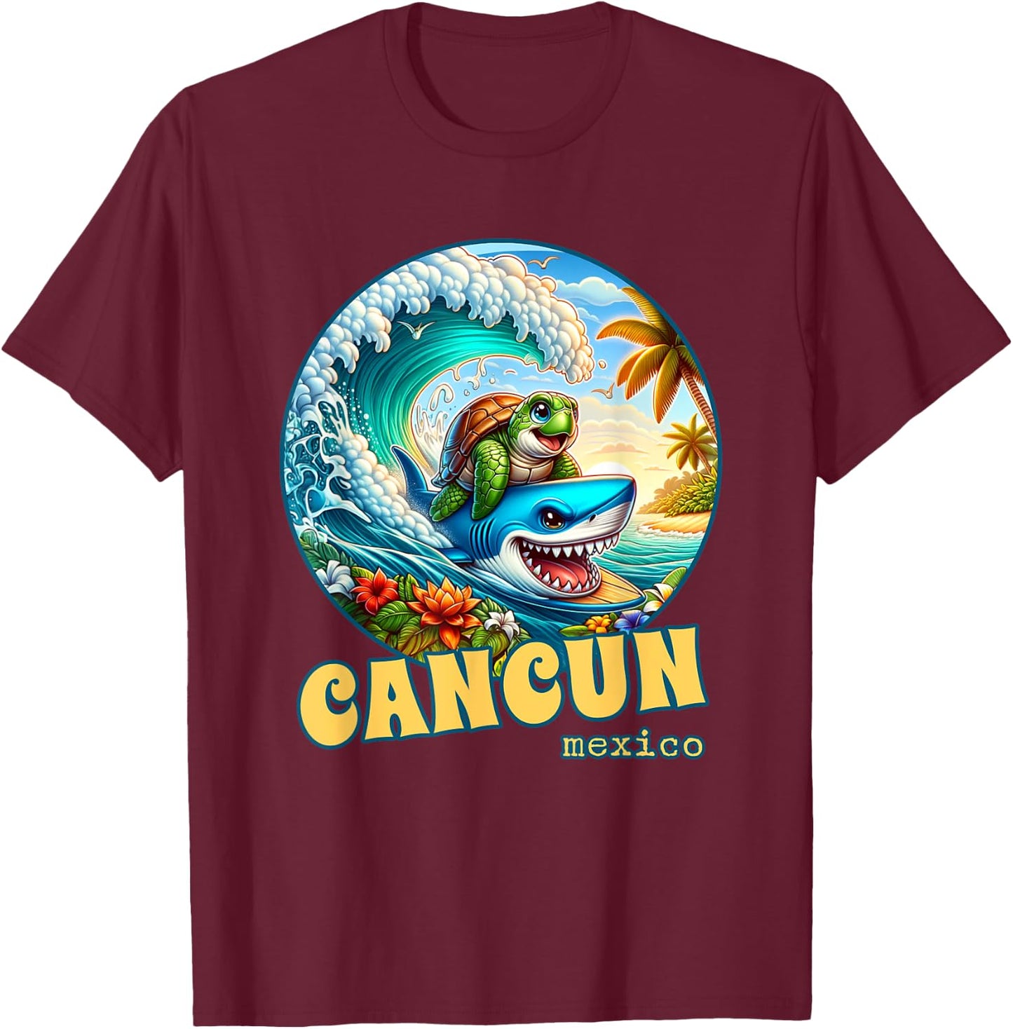 Cancun Mexico Surfing Sea Turtle and Shark T-Shirt - T-Shirt | Maroon