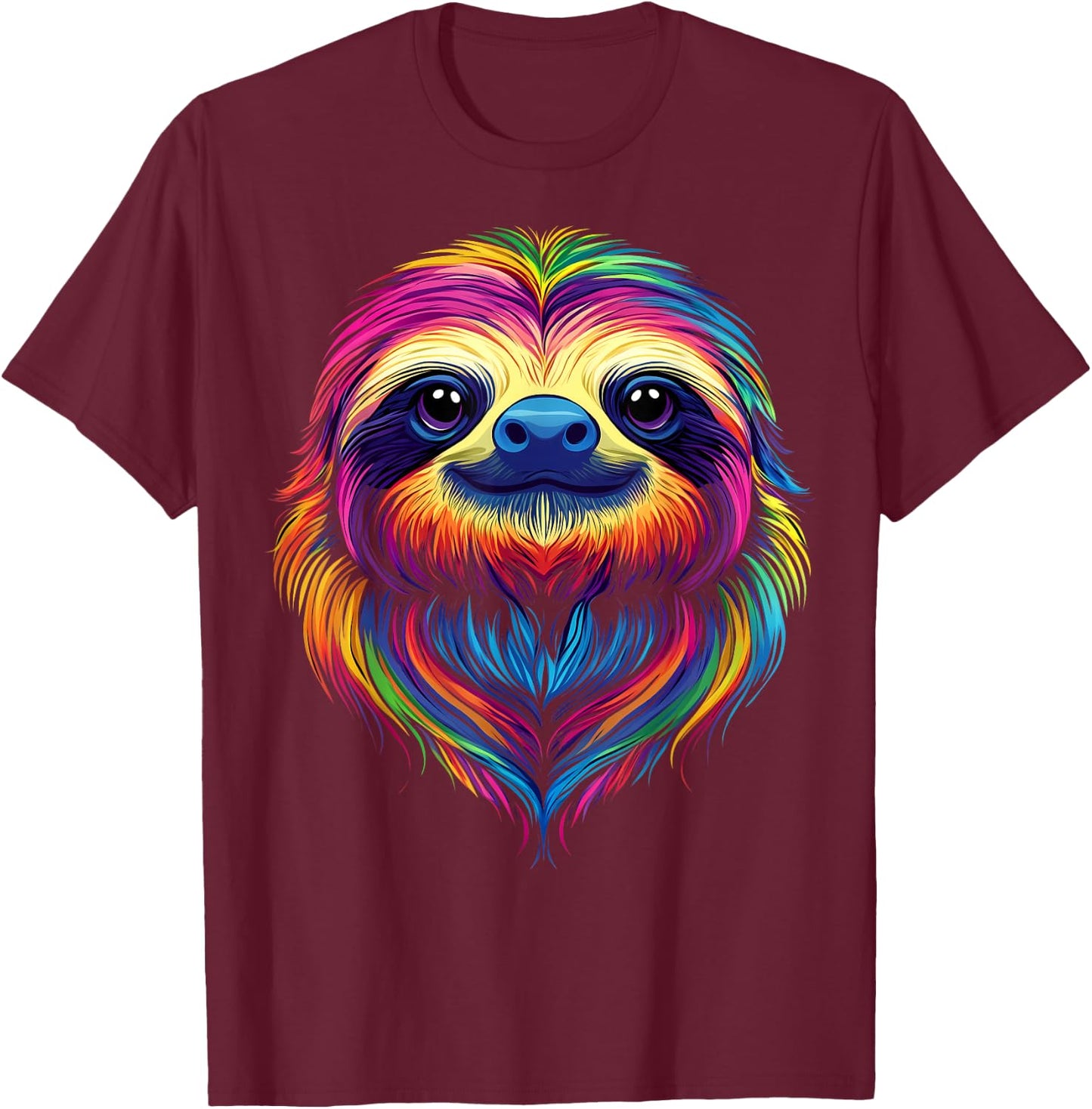 Colorful Sloth Face Cute Rainforest Jungle Animals Black T-Shirt - T-Shirt | Maroon
