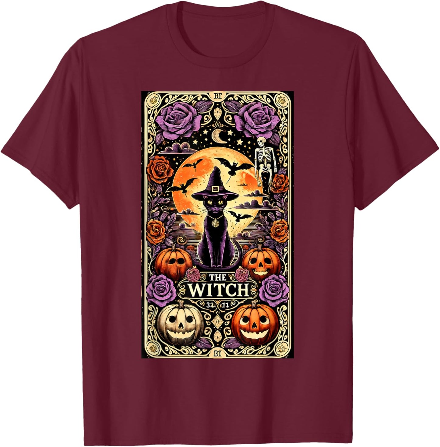 Vintage Gothic The Witch Black Cat Tarot Card Halloween 2024 Men Women Kids T-Shirt - T-Shirt | Maroon