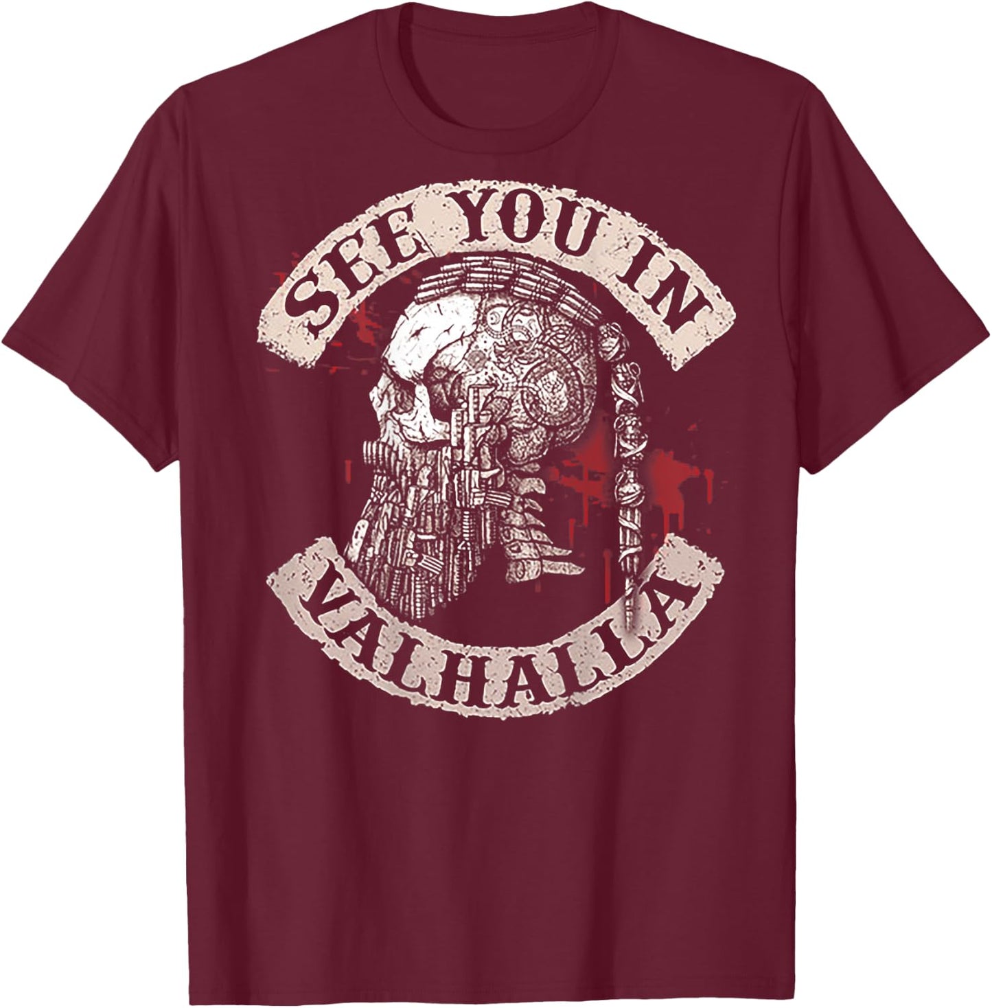 See You in Valhalla Skull Viking (on Back) T-Shirt - T-Shirt | Maroon