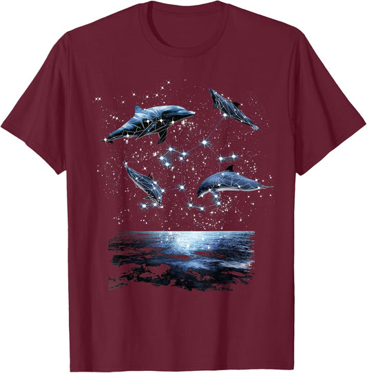 Constellations Dolphin, Celestial Space Galaxy Dolphins T-Shirt - T-Shirt | Maroon