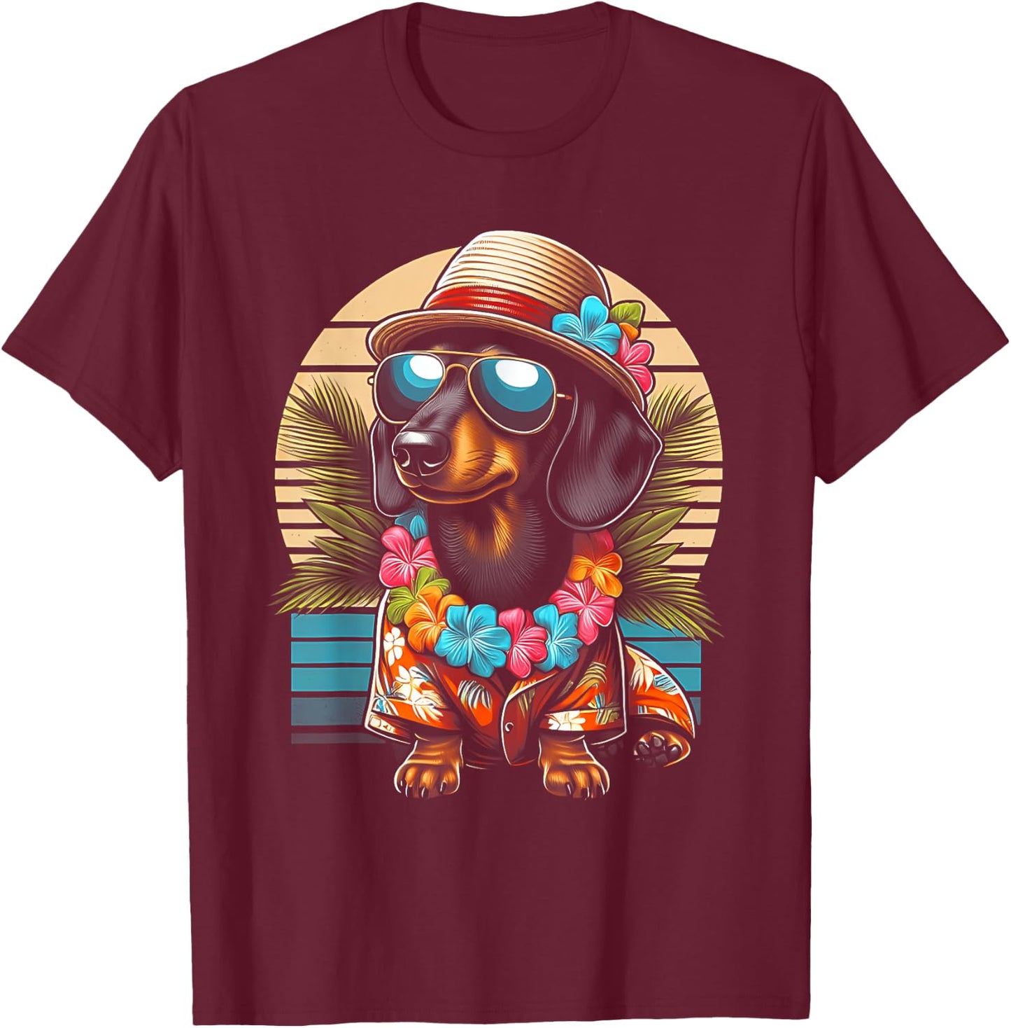 Retro Hawaiian Dachshund Dog Tropical Floral Summer Vibes Women Kids T-Shirt - T-Shirt | Maroon