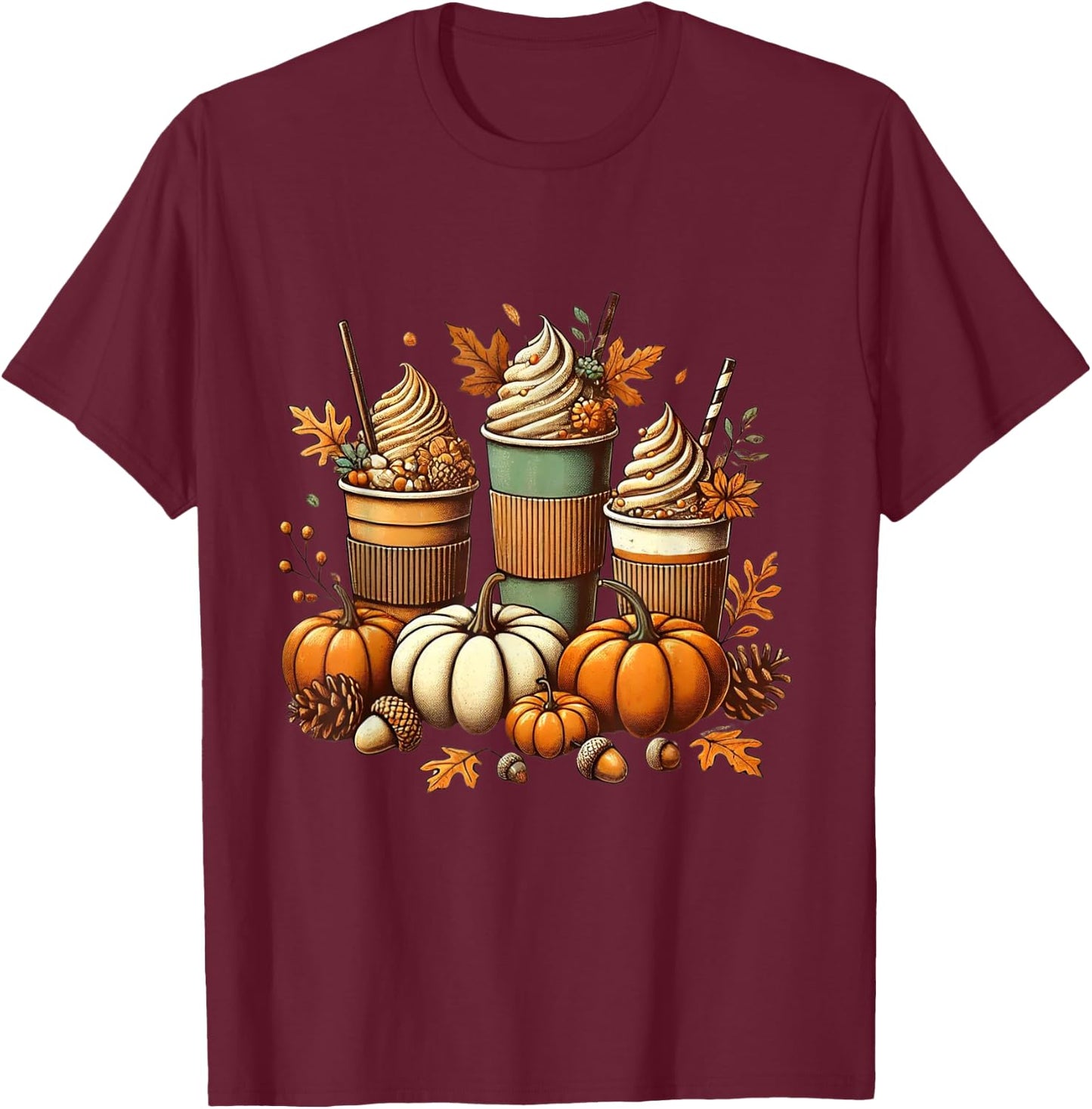 Fall Coffee Pumpkin Spice Latte Iced Warm Cozy Autumn Orange T-Shirt - T-Shirt | Maroon