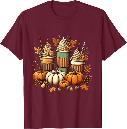 Fall Coffee Pumpkin Spice Latte Iced Warm Cozy Autumn Orange T-Shirt - T-Shirt | Maroon