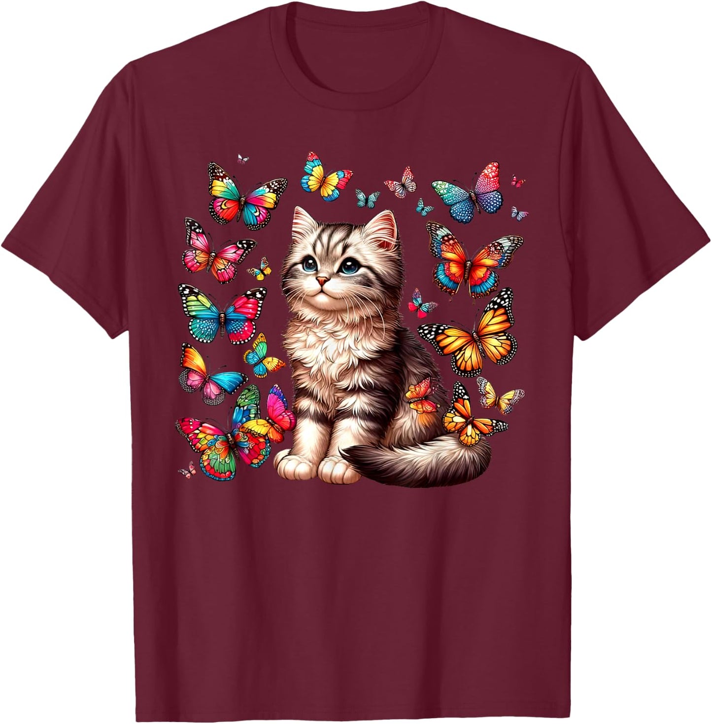 Cute Cat With Colorful Butterfly Art Pet Lover Kitten Women Girls Kids T-Shirt - T-Shirt | Maroon