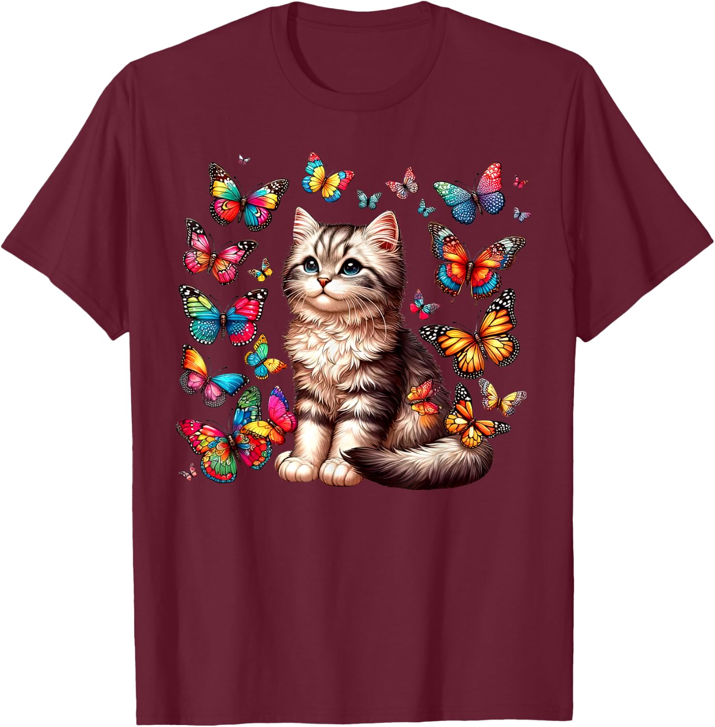 Cute Cat With Colorful Butterfly Art Pet Lover Kitten Women Girls Kids T-Shirt - T-Shirt | Maroon