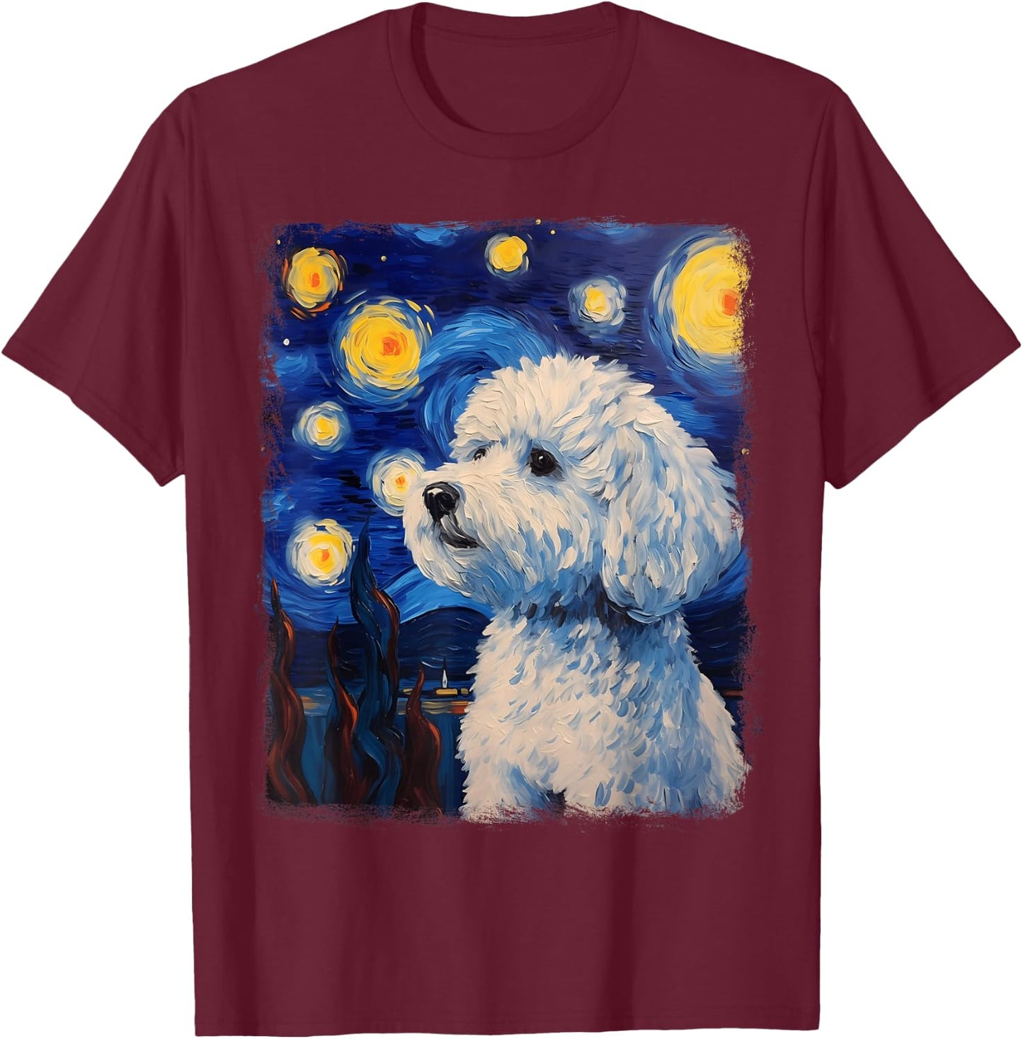 Bichon Frise Dog Starry Night Painting T-Shirt - T-Shirt | Maroon