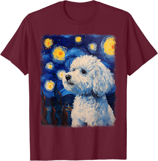 Bichon Frise Dog Starry Night Painting T-Shirt - T-Shirt | Maroon