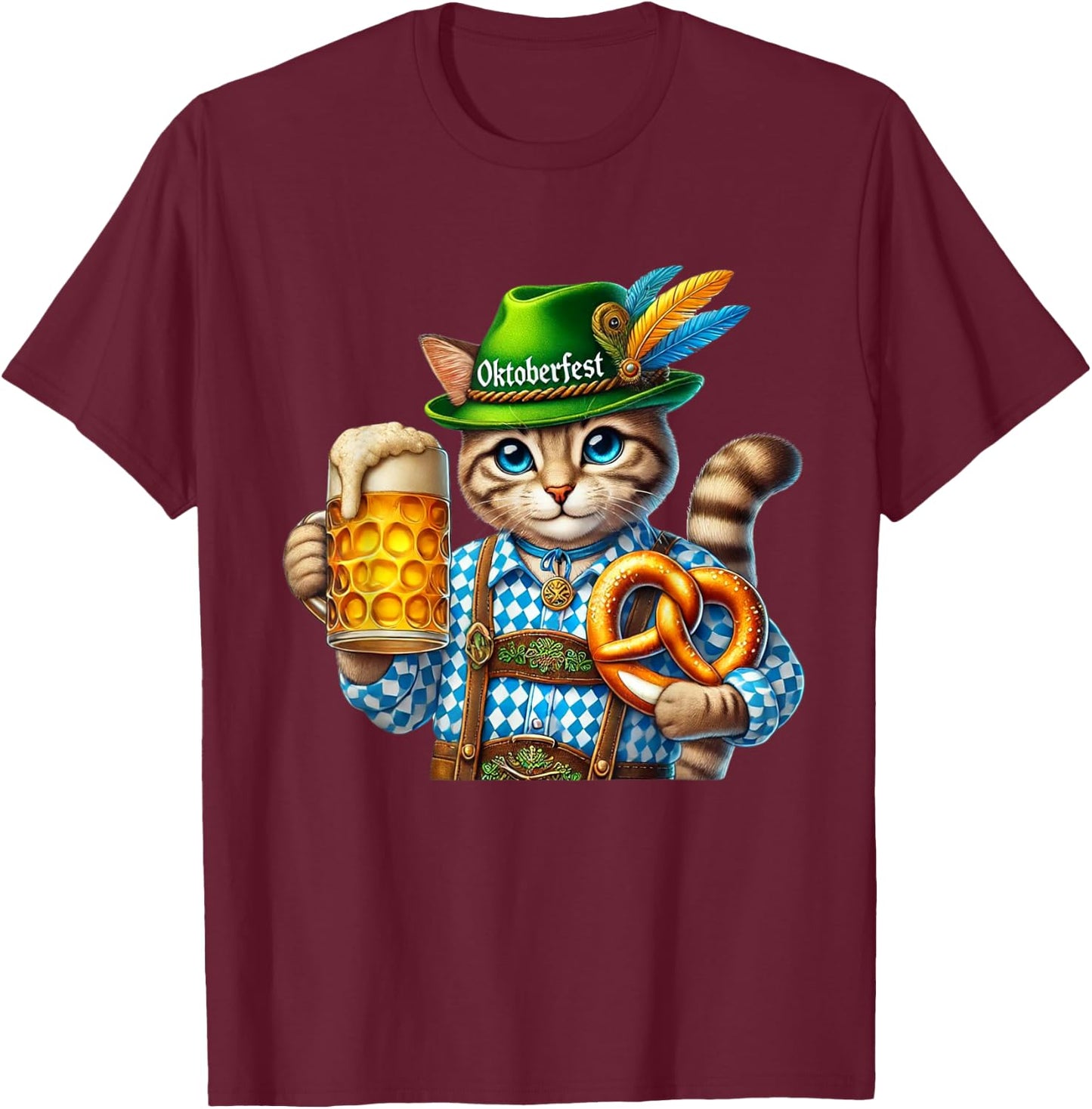 Oktoberfest Cat Beer Pretzel Costume Lederhosen T-Shirt - T-Shirt | Maroon