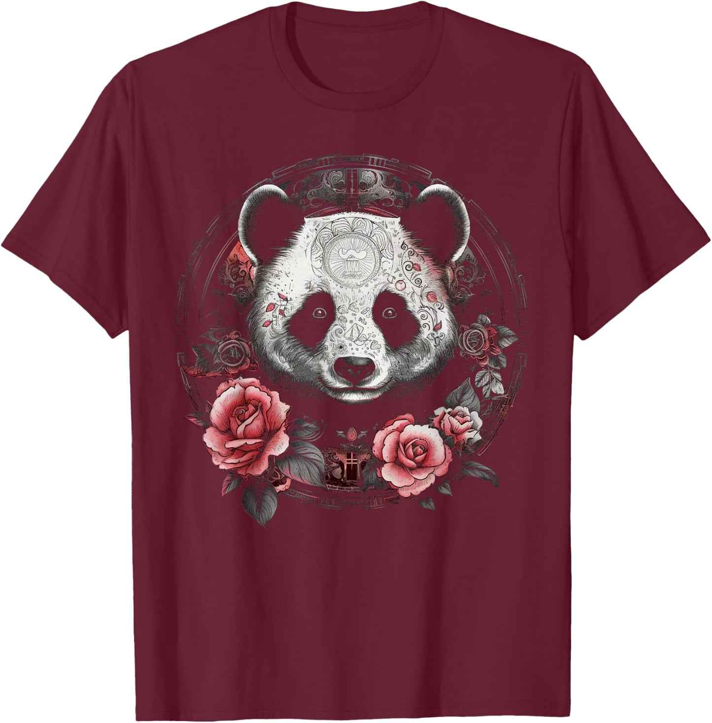 Panda Art Flowers Roses Animal Artwork Panda T-Shirt - T-Shirt | Maroon