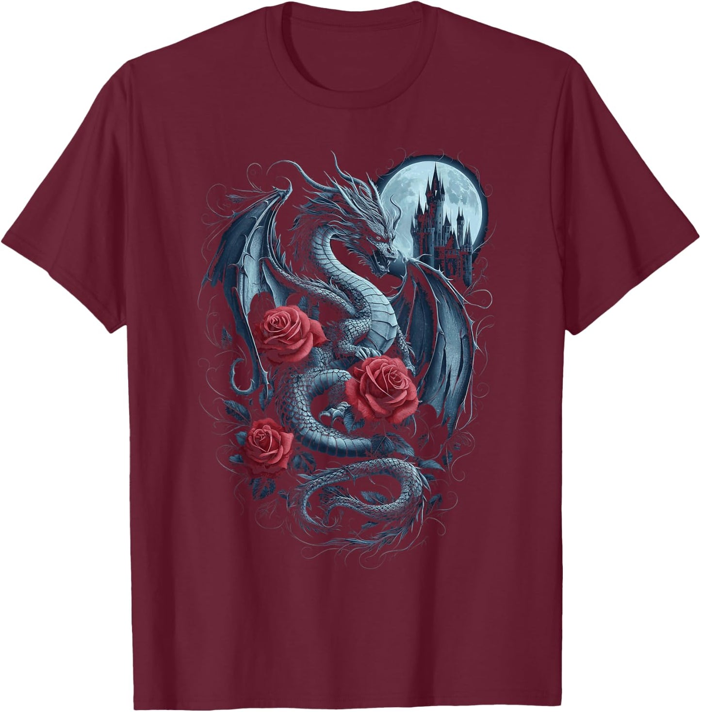 Dragon With Roses And Full Moon Dark Art T-Shirt - T-Shirt | Maroon