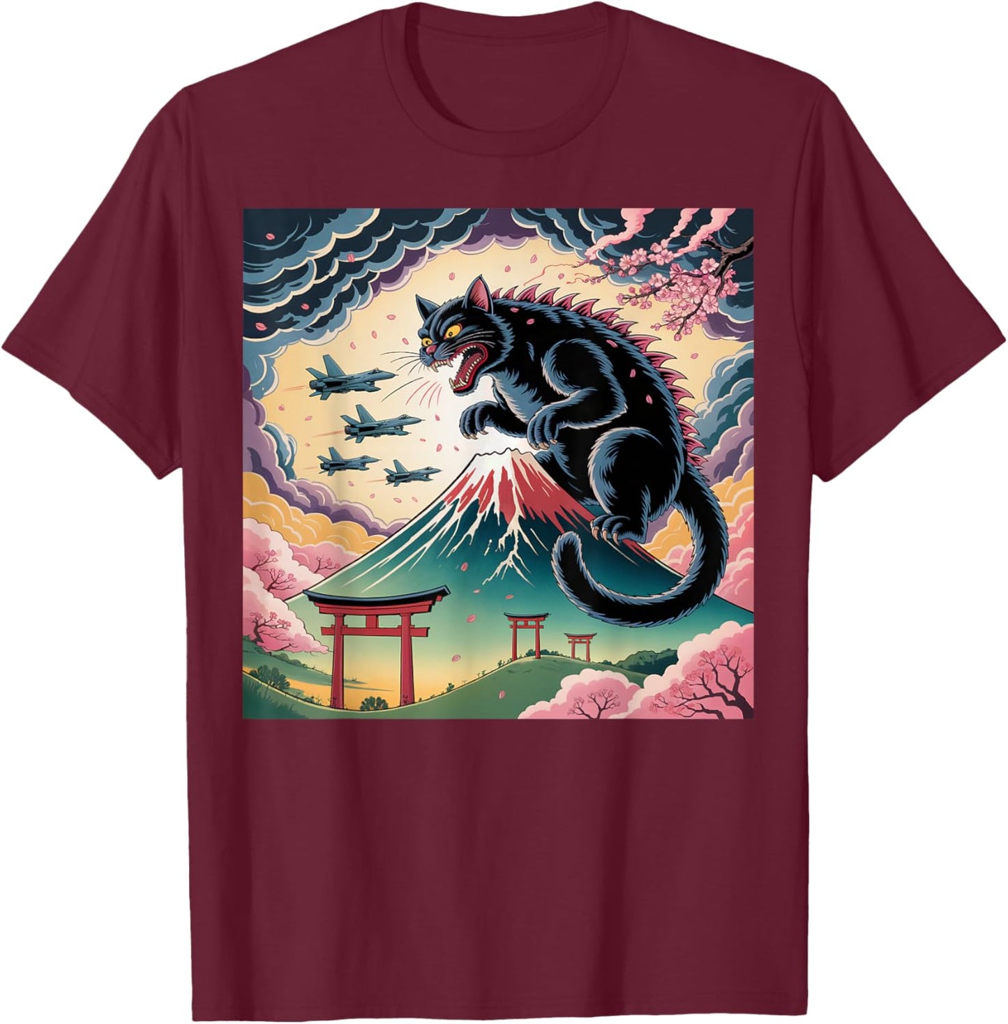 Catzilla Cat Japanese Art Kids Cat Lover T-Shirt - T-Shirt | Maroon