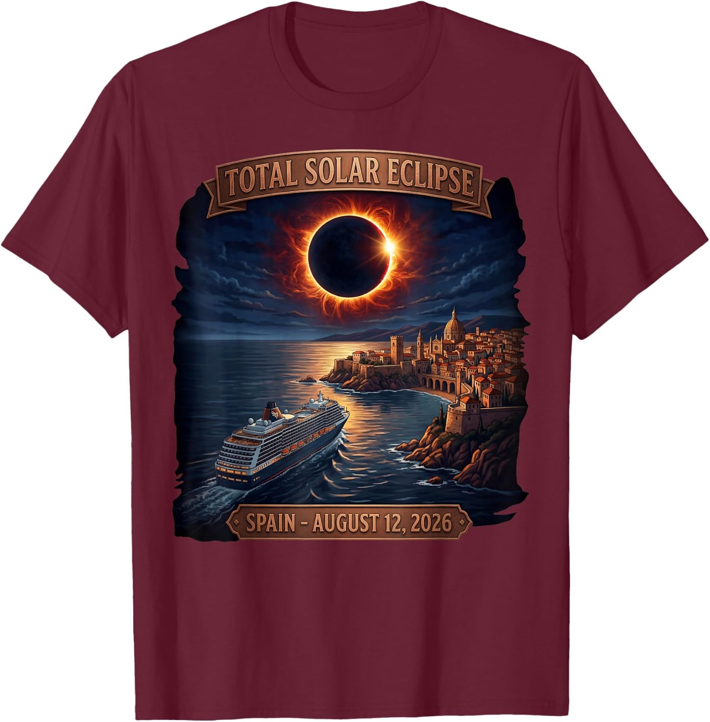 Spain Total Solar Eclipse 2026 Cruise Matching Family T-Shirt - T-Shirt | Maroon