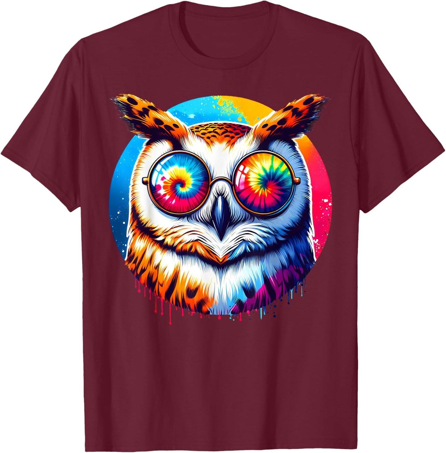 Cool Tie Dye Barn Owl Sunglasses Bird Illustration Art T-Shirt - T-Shirt | Maroon